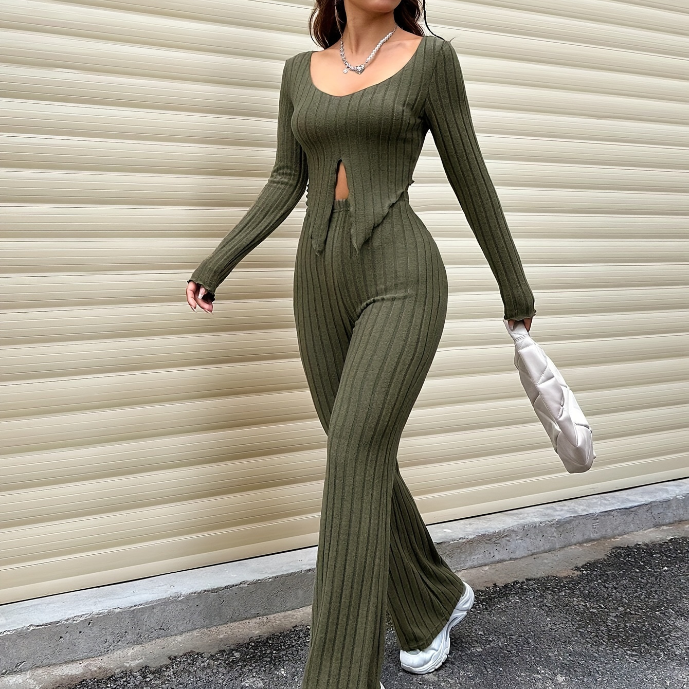 

Solid Ribbed Casual Pants Set, Long Sleeve Scoop Neck Split Front Slim T-shirt & Flared Leg Pants Outfits, Women's Clothing