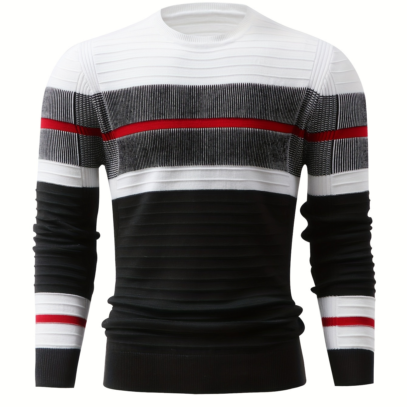 

Men' Striped Knit Long Sleeve Pullover Sweater, Casual Round Neck, Polyester, Stretchy, Regular Fit, Autumn/winter Season, Ribbed Detail, Knitted Fabric