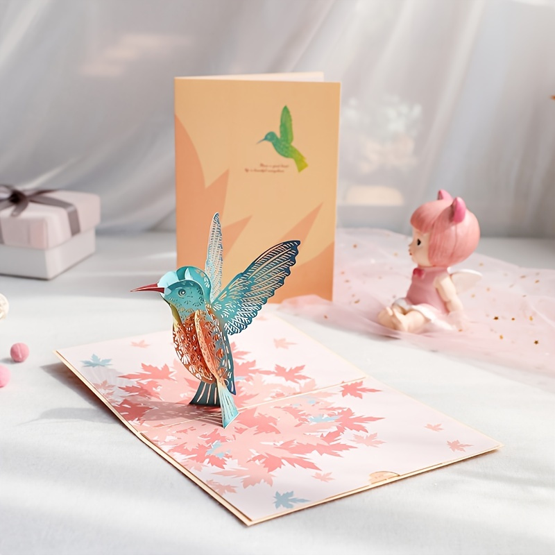 1pc New 3D Birthday Greeting Card, Maple Leaf Bird Paper Carving Creative Handmade Gift, Birthday Blessing Message Card