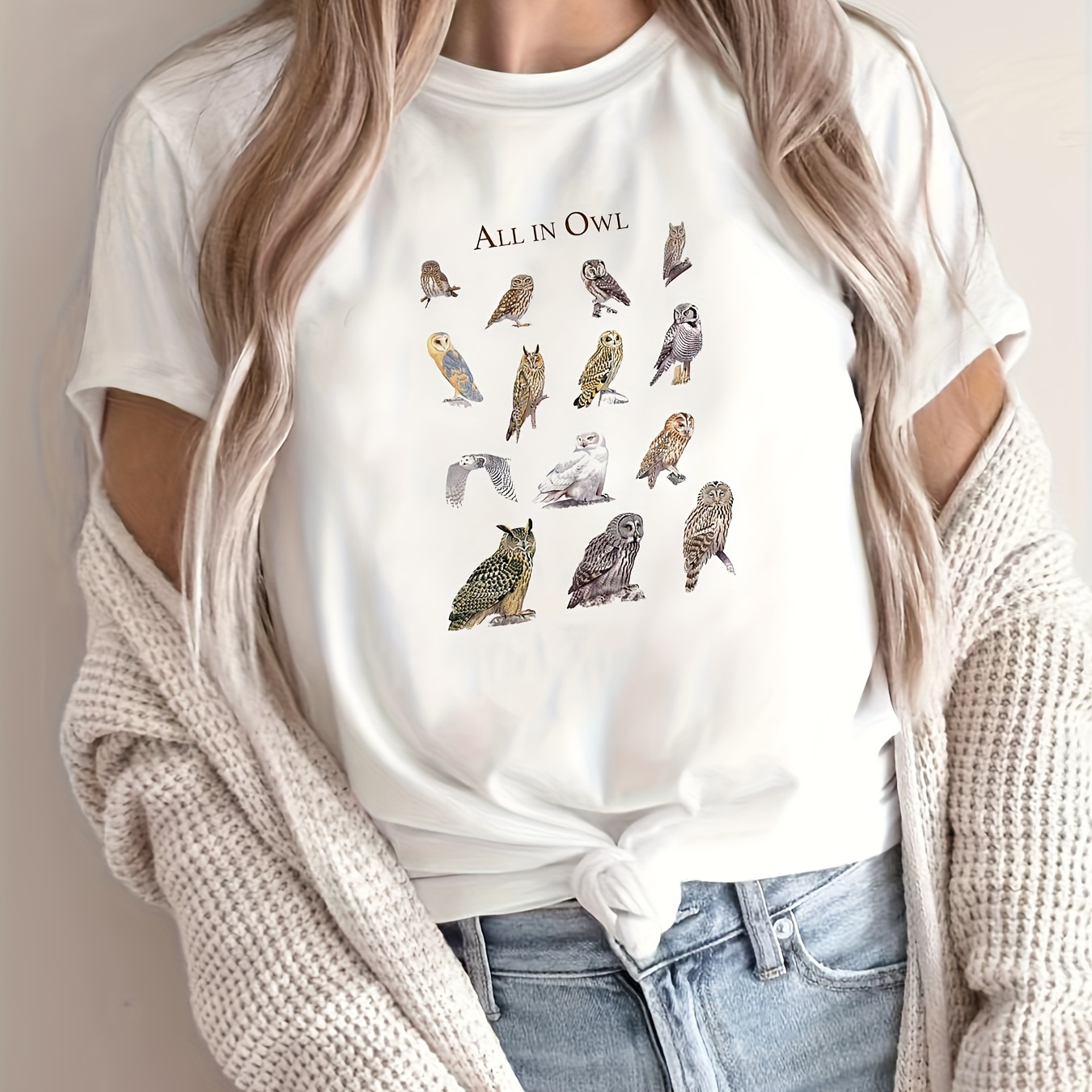 

Various Owls Print Summer T-shirt, Vintage Short Sleeve Crew Neck Top, Women's Clothing
