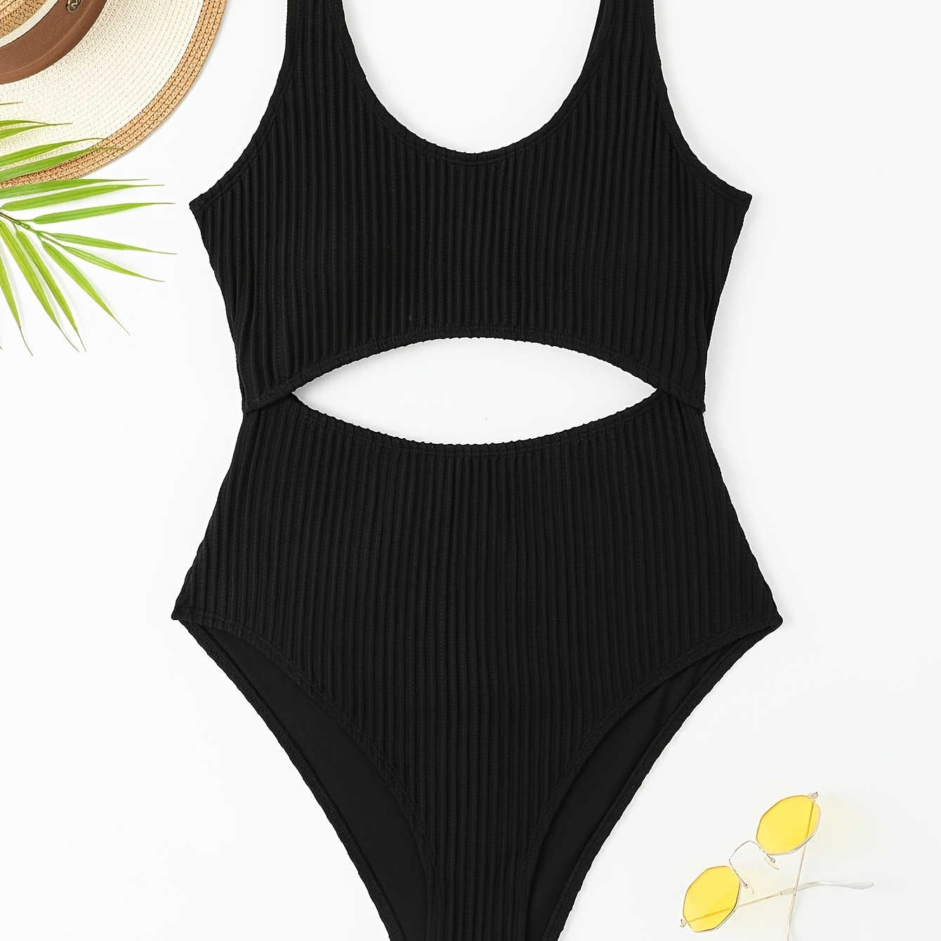 

Women's Solid Color Cut-out One-piece Swimsuit, Sexy Ribbed Fabric Swimwear, High-waisted Monokini Bathing Suit
