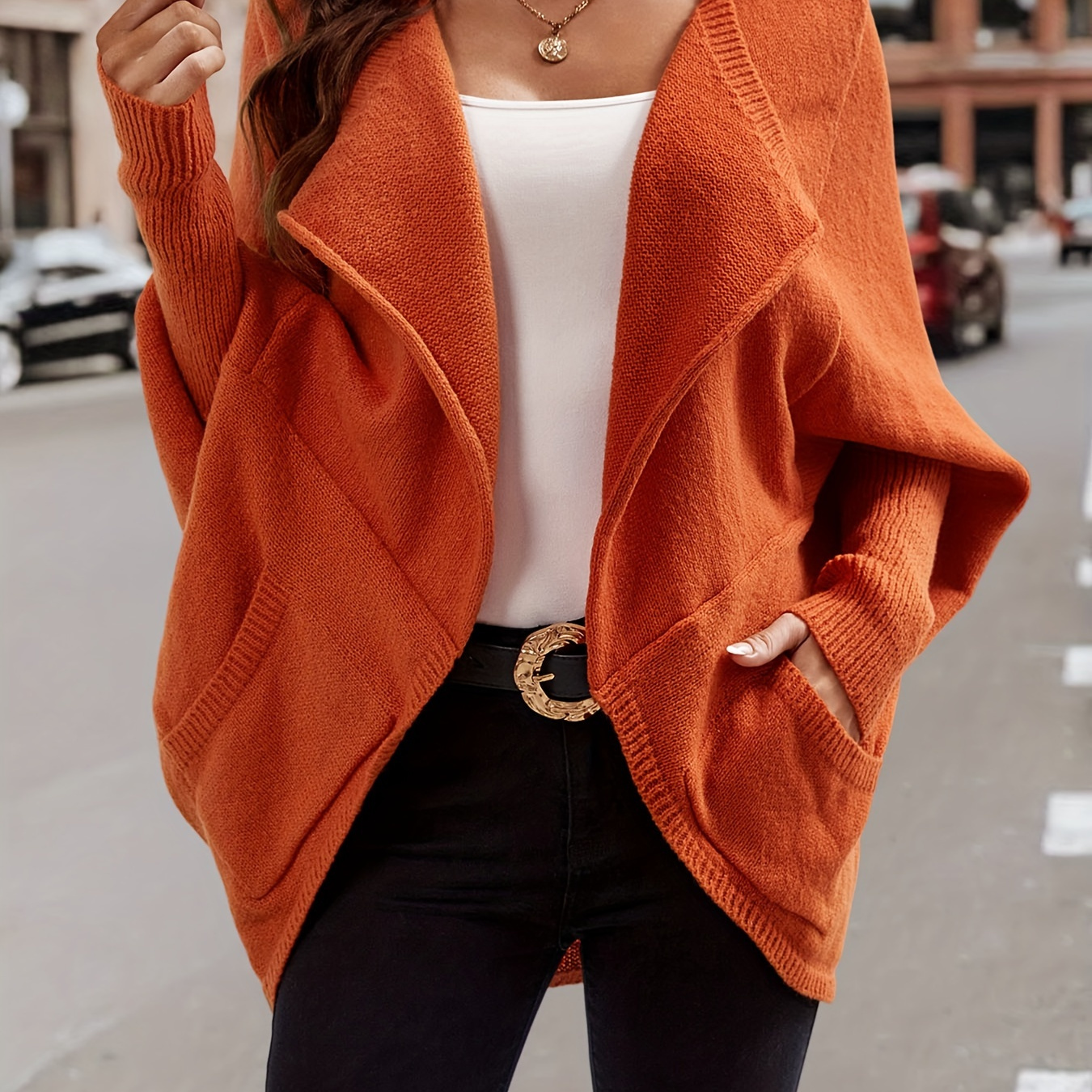 

Lapel Neck Drop Shoulder Cardigan, Elegant Batwing Long Sleeve Cardigan For Fall & Winter, Women's Clothing