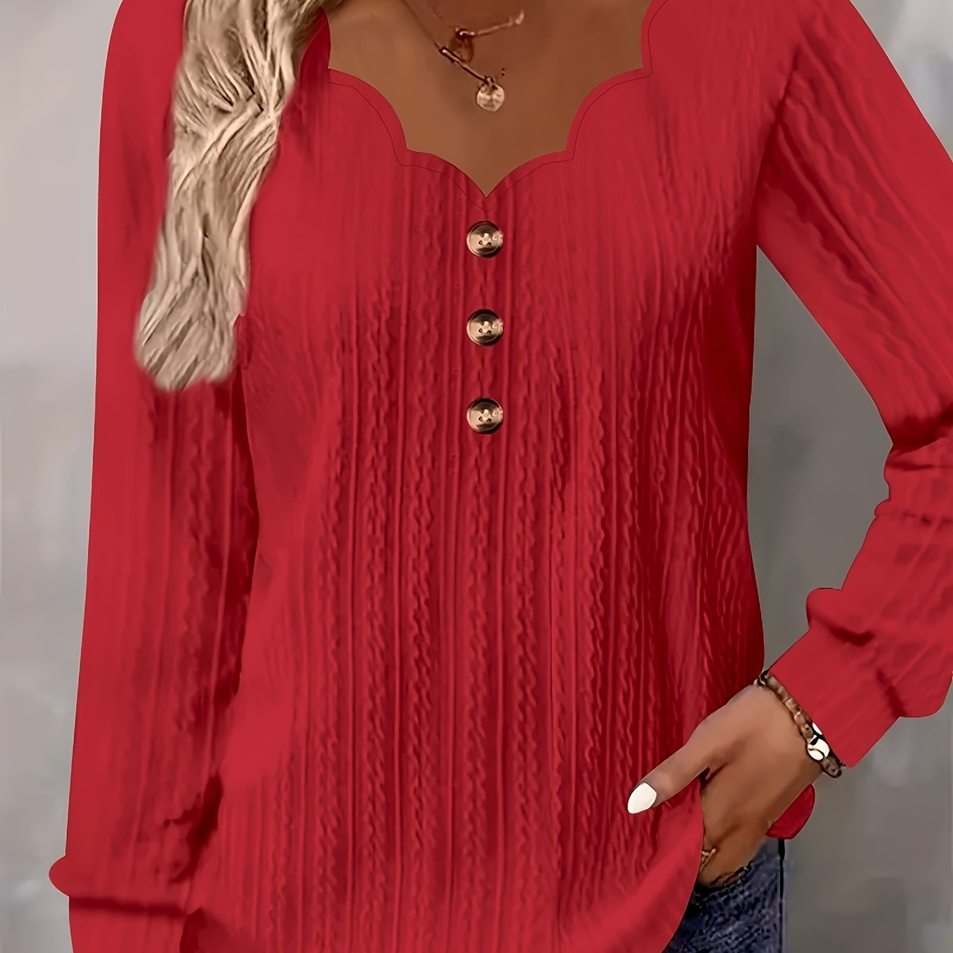 

Elegant V-neck Long Sleeve T-shirt For Women - Solid Color, Knit Fabric With Button Detail, Machine Washable - Fall/winter