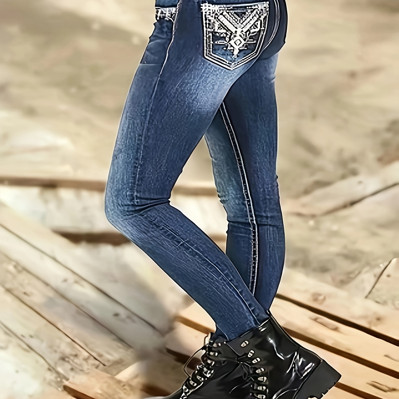 

Women's Stretchy Embroidered Skinny Jeans, Casual Style, Versatile Denim Pants With Pocket Detail, Fashionable Slim Fit Trousers For Autumn