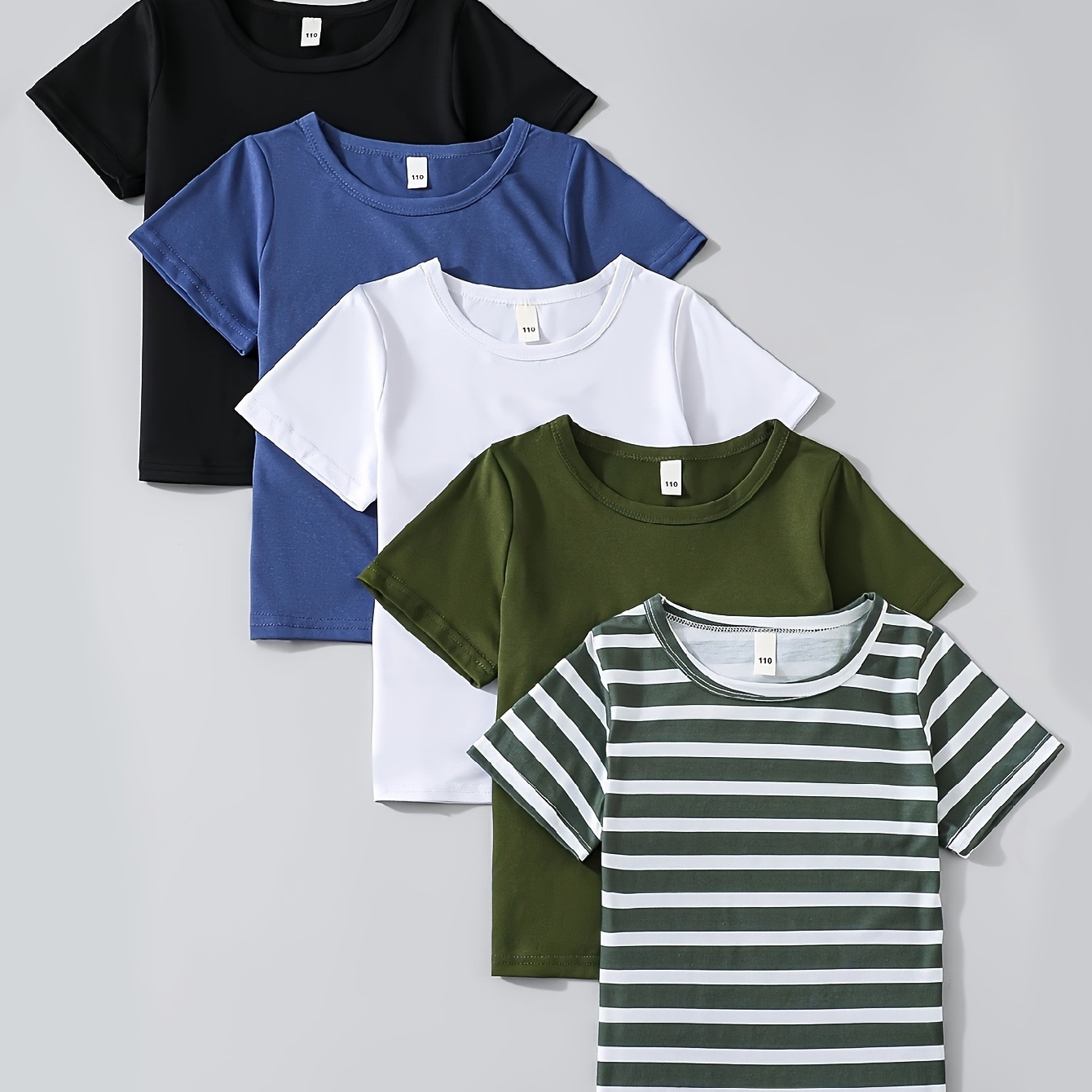 

T-shirt Uni Et Rayé Pour Garçon, Hauts D'été Confortables À Manches Courtes Et Col Rond Décontractés, 5 Pièces