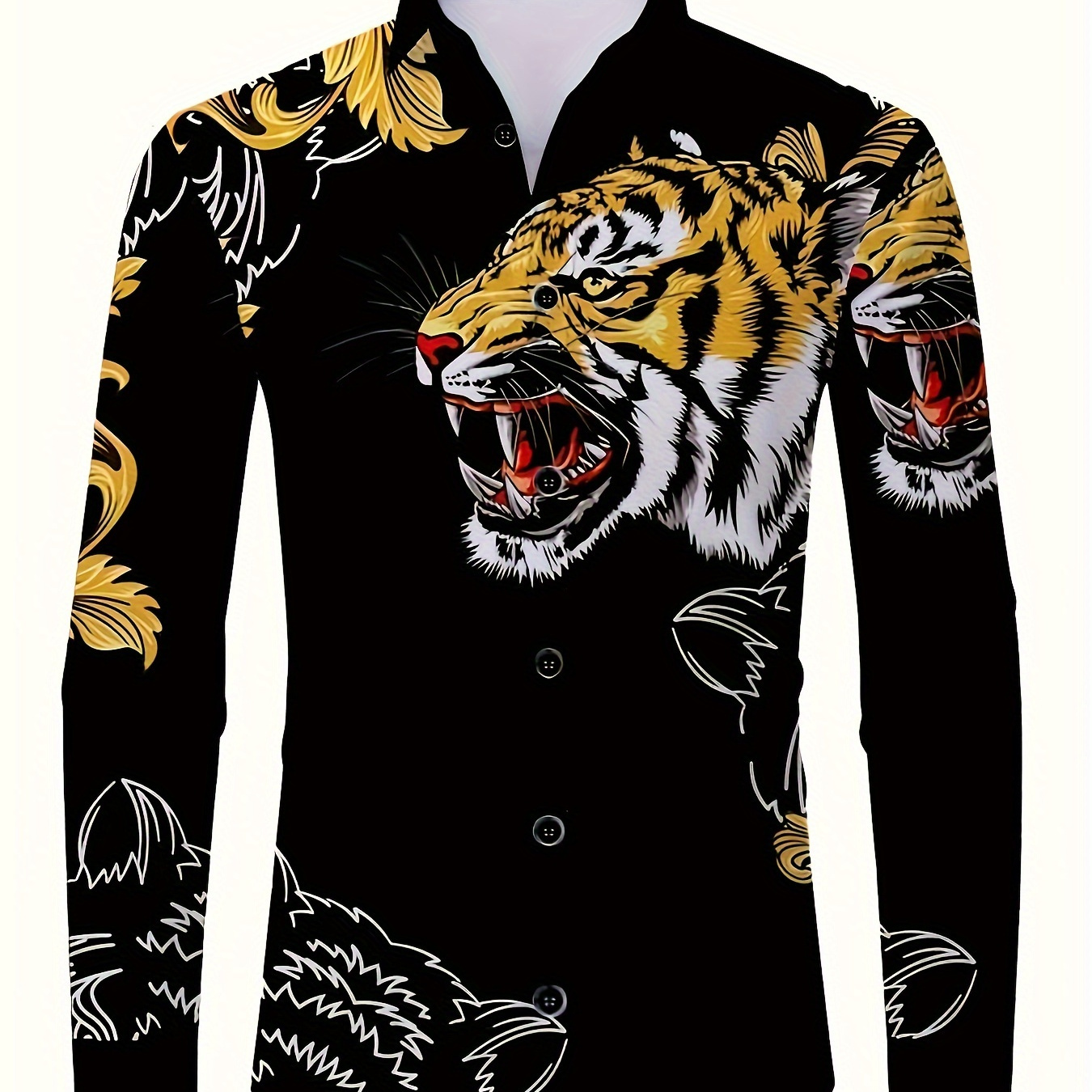 

Men's Casual Long Sleeve Tiger Print Shirt, 100% Polyester Lapel Collar, Slight Stretch, Animal Pattern, Button-up, Regular Fit, Woven, Spring/fall Season, 120gsm