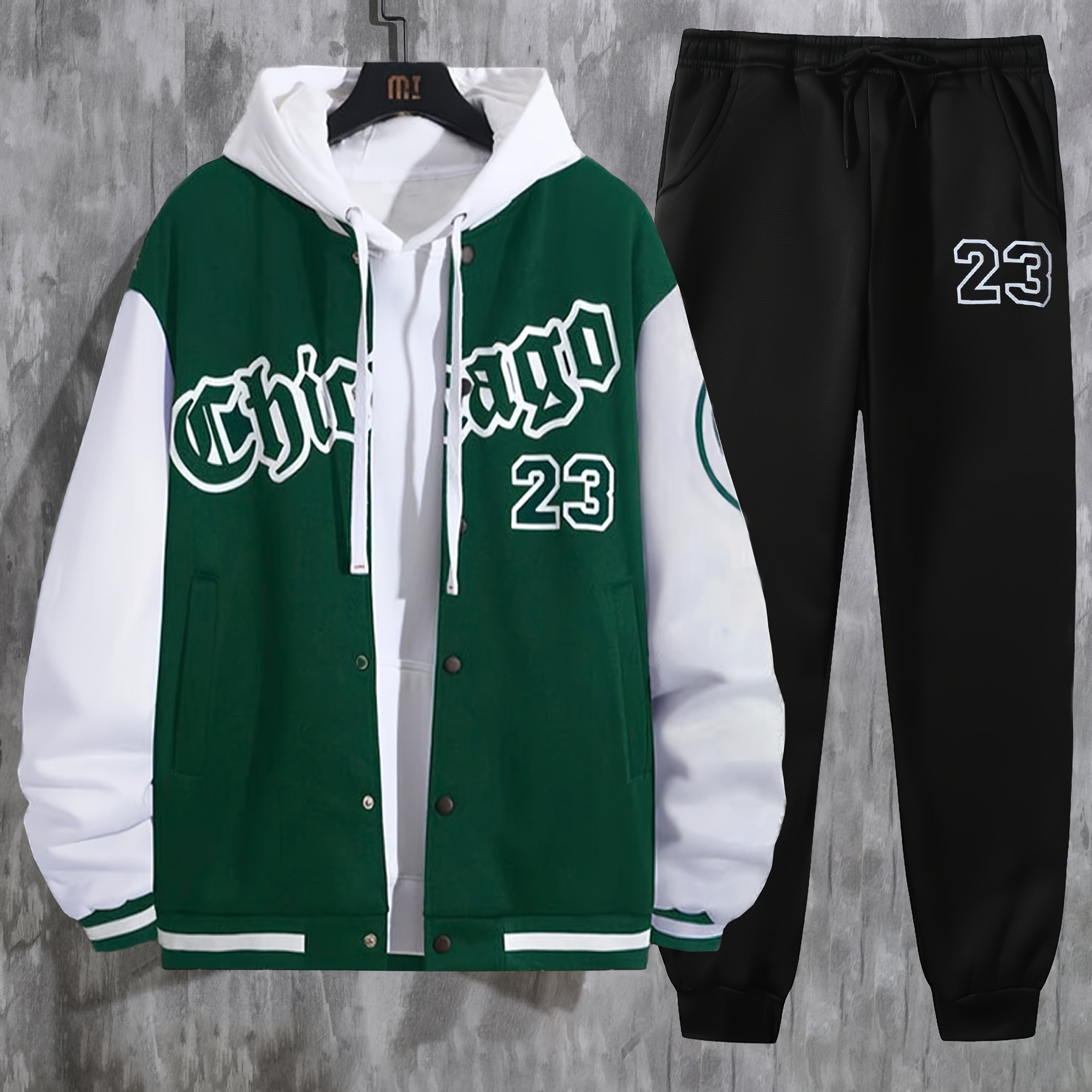 

Men's Casual 2-piece Outfit, Varsity Jacket With Pockets, Lightweight Comfy Joggers, The Hoodie Not Included