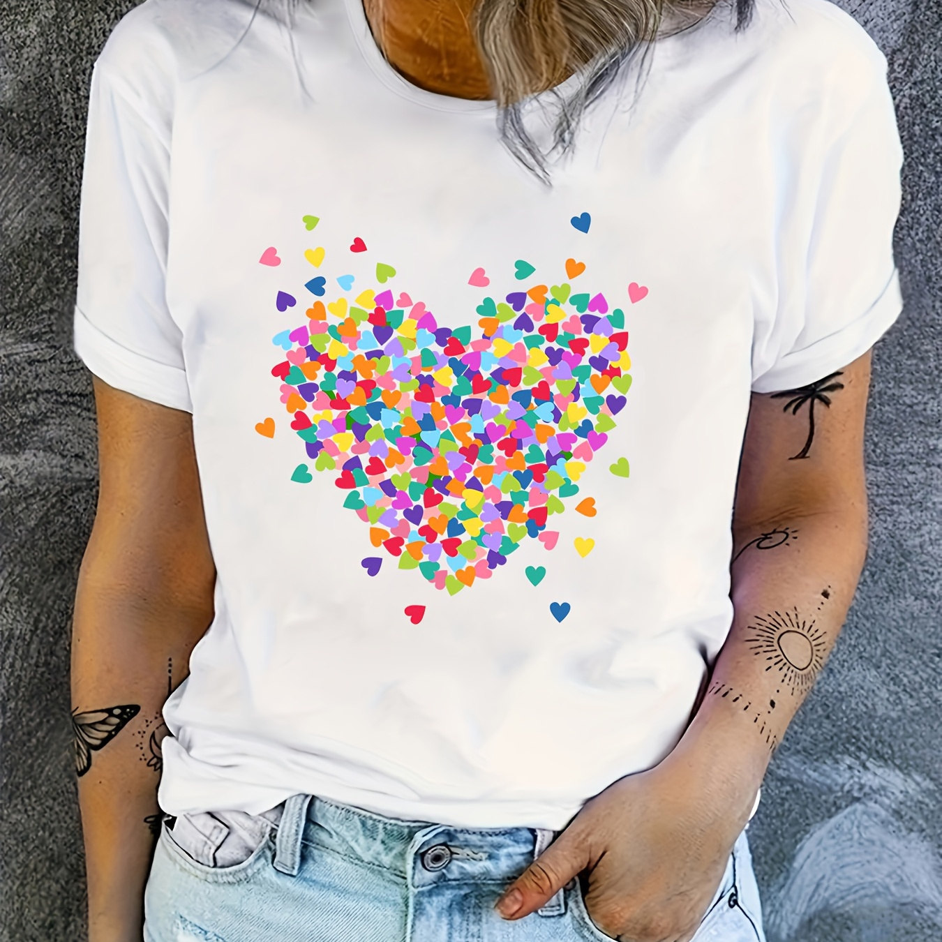 

Mother's Day Heart Print T-shirt, Short Sleeve Crew Neck Casual Top For Summer & Spring, Women's Clothing