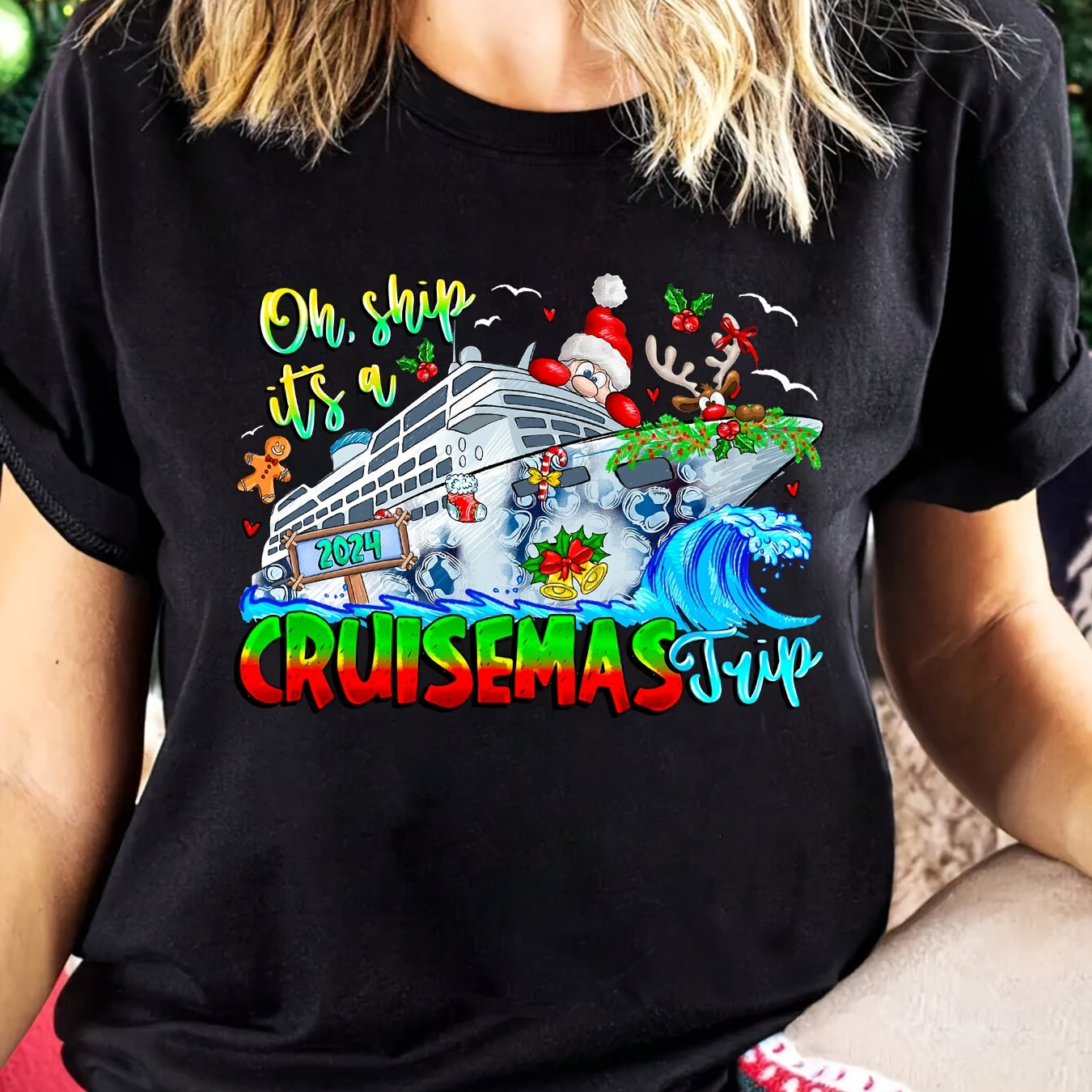 

Women's Christmas Cruise Graphic T-shirt 100% Cotton Casual Crew Neck Short Sleeve Tee With Slight Stretch For All Seasons - "2024 Cruisemas Trip" Print Top