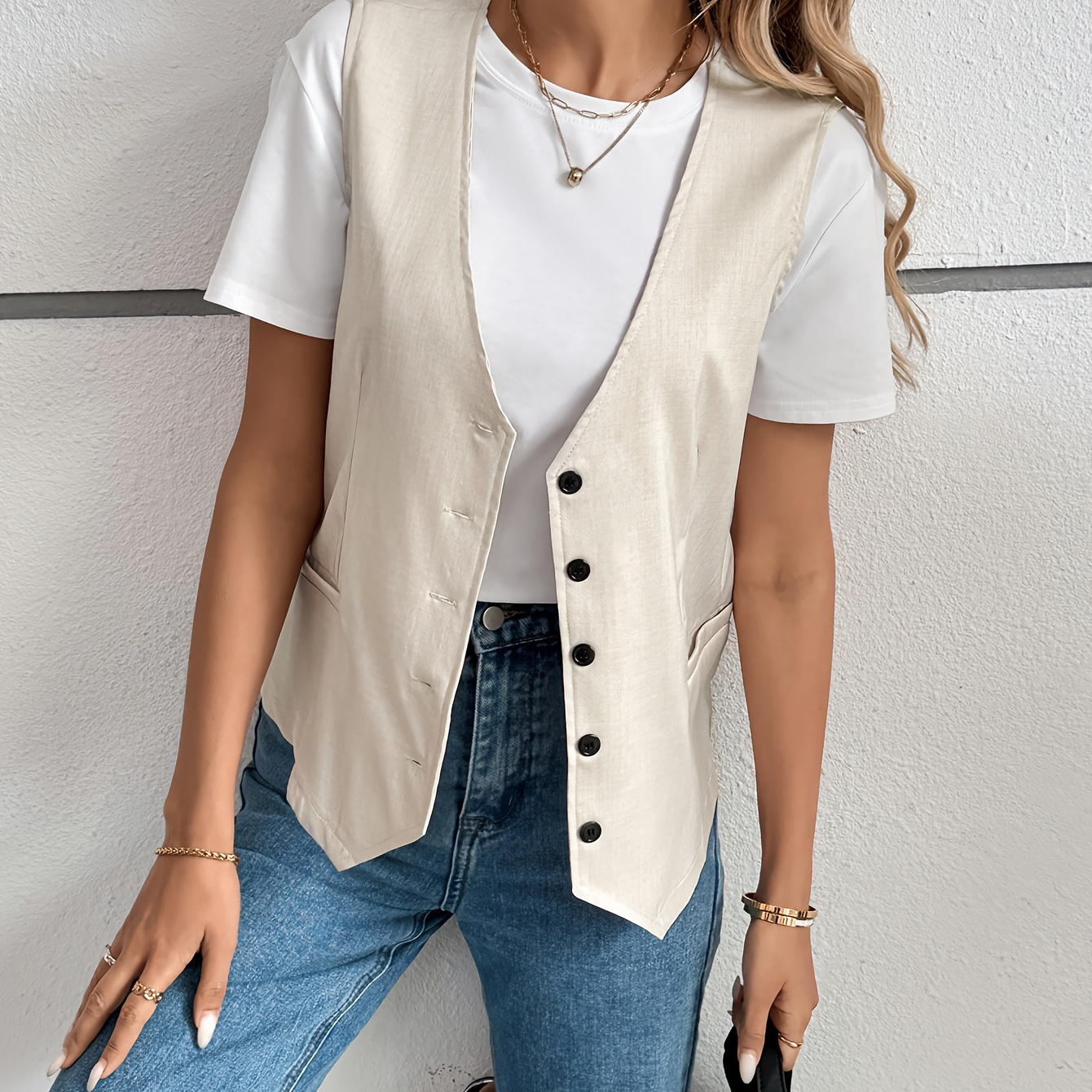 

Solid Color Single Breasted Vest, Elegant Sleeveless V Neck Outerwear For Spring & Fall, Women's Clothing