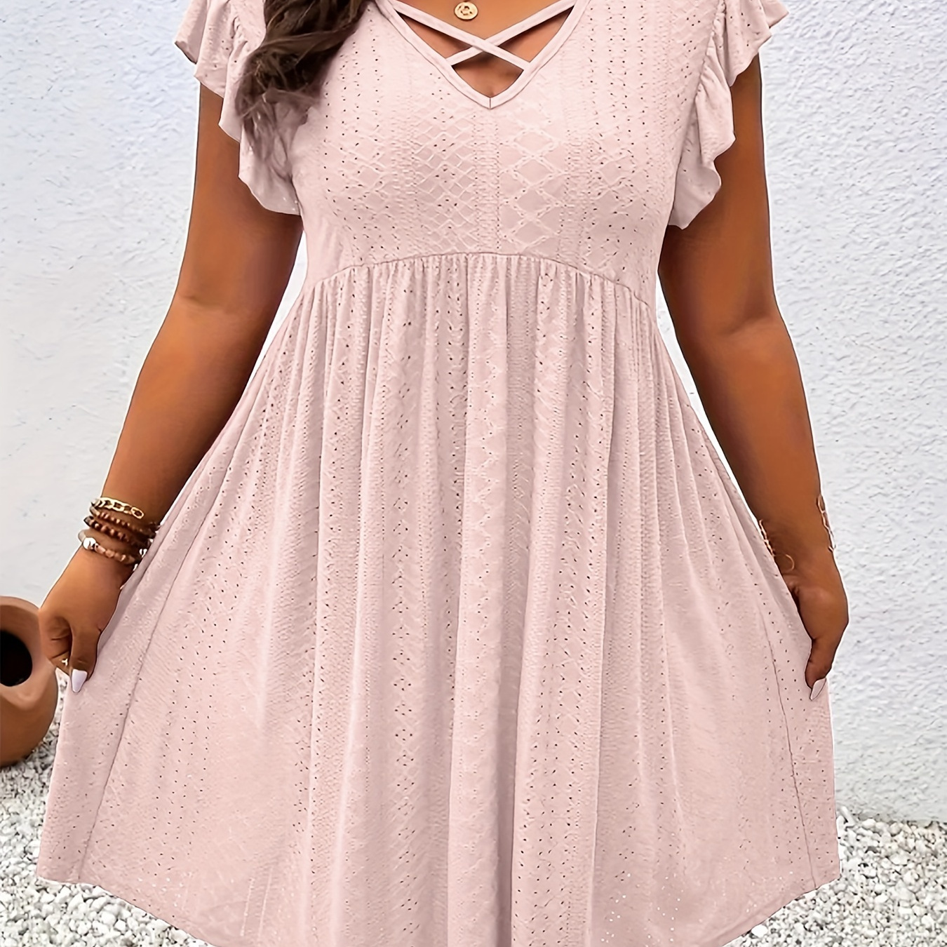 

Plus Size Solid Color Eyelet Dress, Casual Criss Cross Flutter Sleeve Ruched Dress For Spring & Summer, Women's Plus Size Clothing