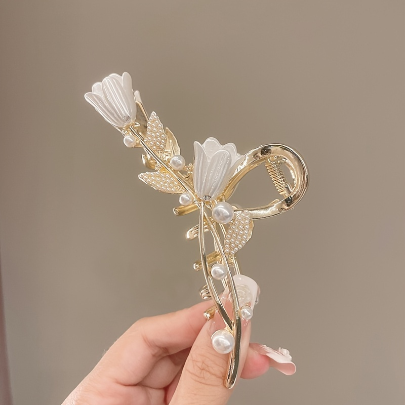 

Stylish Tulip Ginkgo Faux Pearl Hair Claw Clip With Nonslip Grip For Women - Adds A Touch Of Elegance To Your Hair Accessories Collection