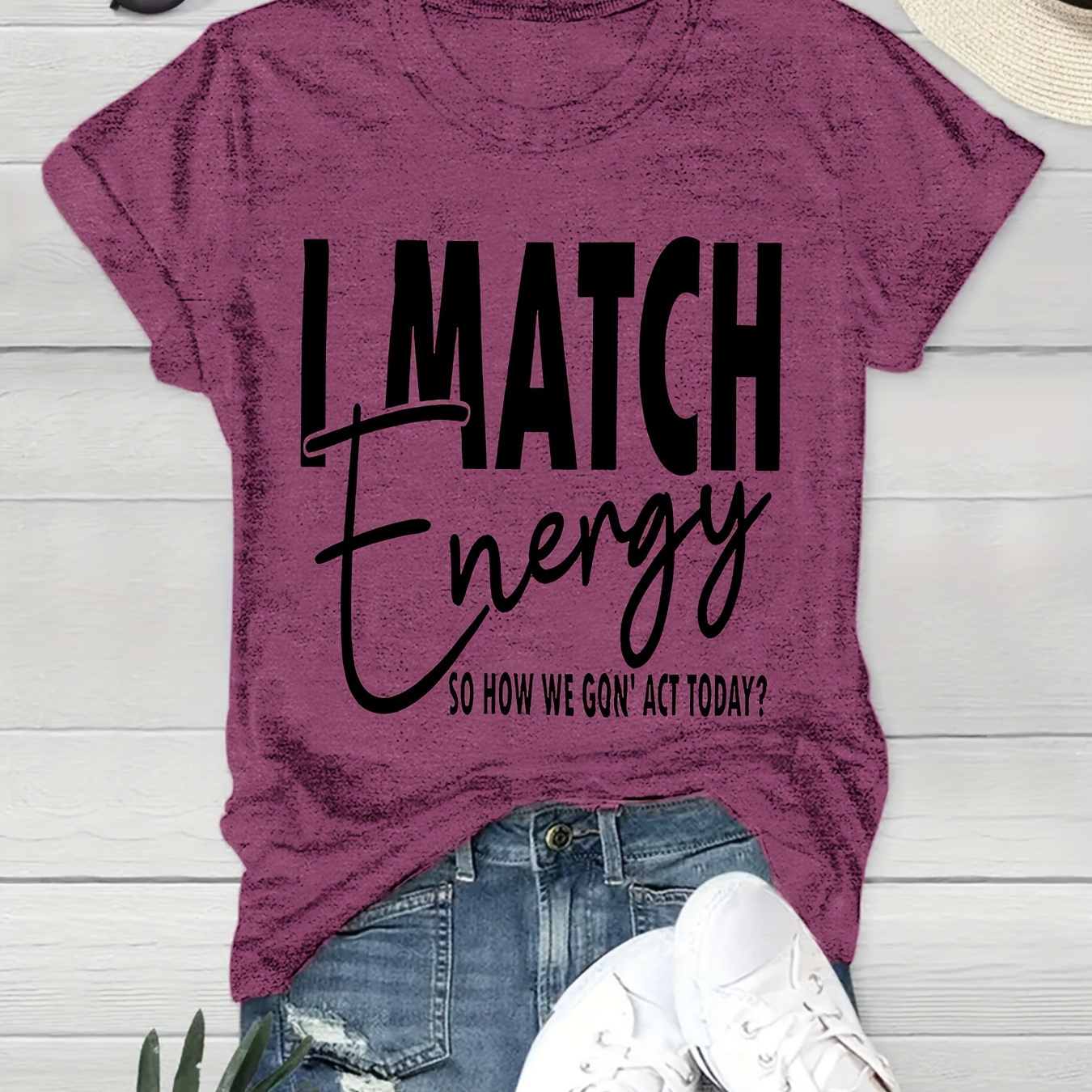 

I Match Energy Print T-shirt, Short Sleeve Crew Neck Casual Top For Summer & Spring, Women's Clothing
