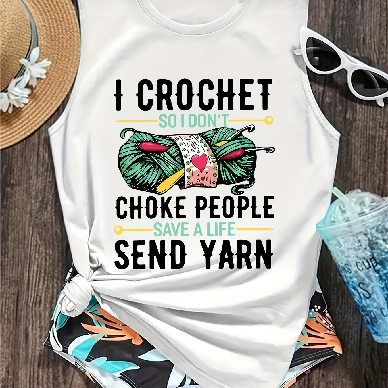 

Plus Size Crochet Print Tank Top, Casual Sleeveless Crew Neck Top For Summer & Spring, Women's Plus Size Clothing