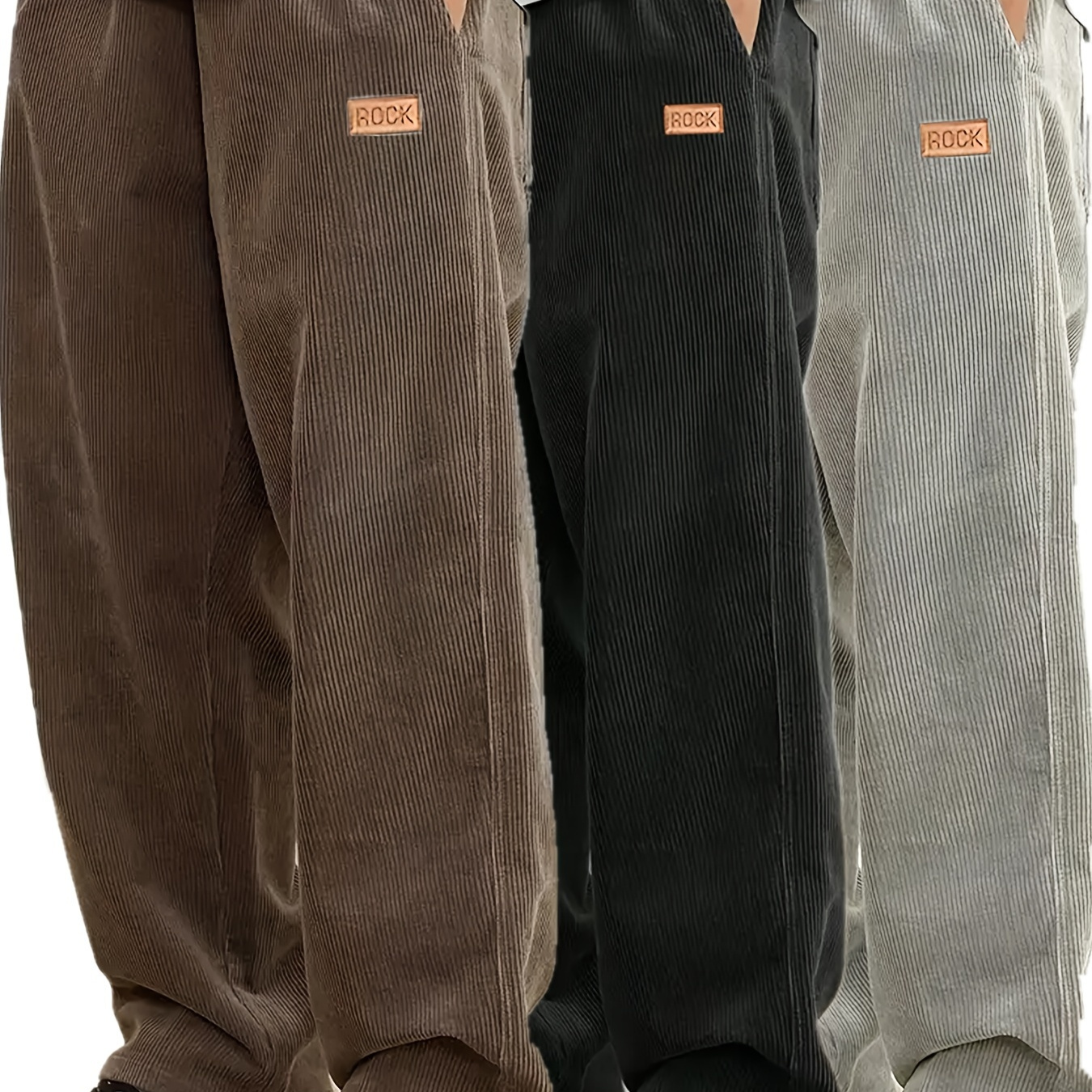 

3pcs Men's Casual Corduroy Pants For Fall/winter - Warm, Comfortable Straight-leg Trousers In Brown, Black, Gray With Leather Detail, Ideal For Christmas & Halloween