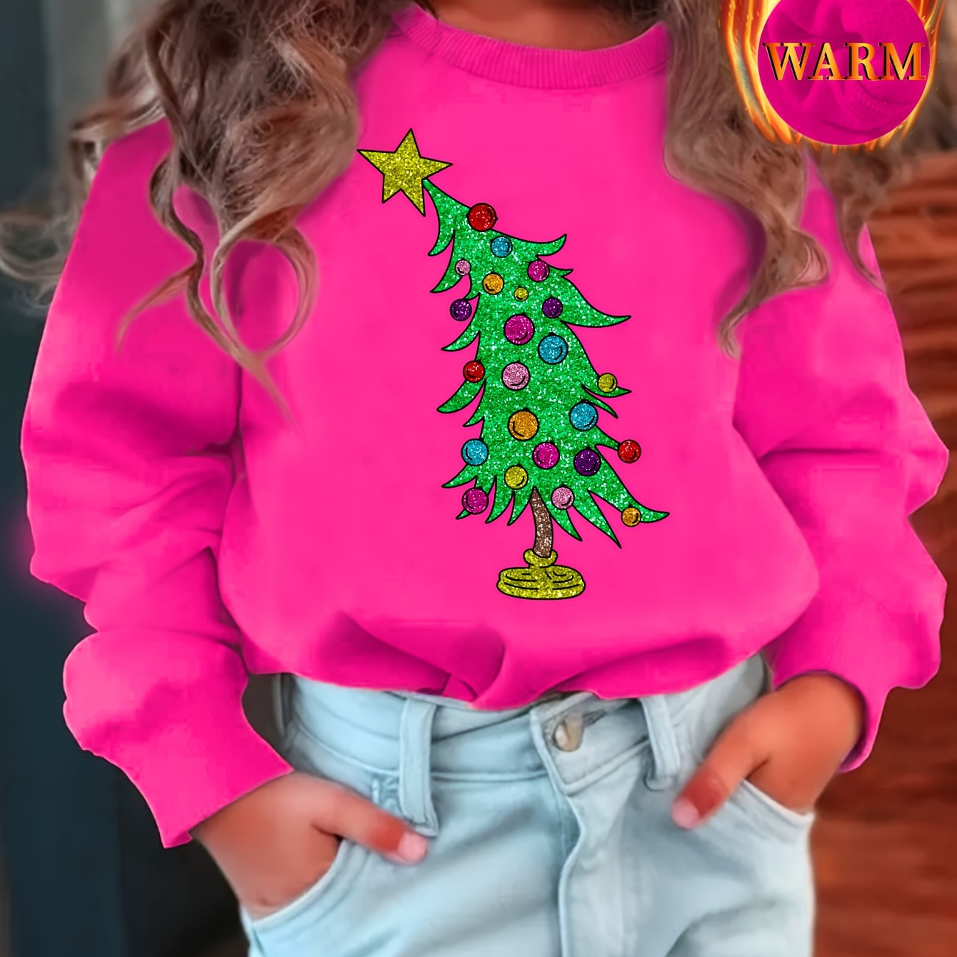 

Girls' Christmas Tree Sweatshirt - Casual Round Neck Pullover Hoodie With Festive Print, Polyester Knit Fabric, Warm Winter Thermal Lining, Casual Fit For Fall/winter Season