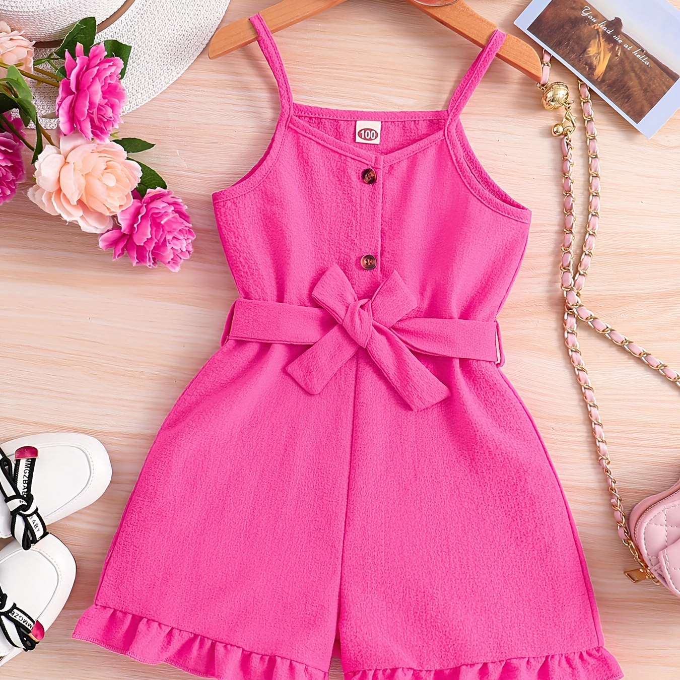 

Girl's Button Front Spaghetti Strap Belted Ruffle Trims Cami Romper Shorts