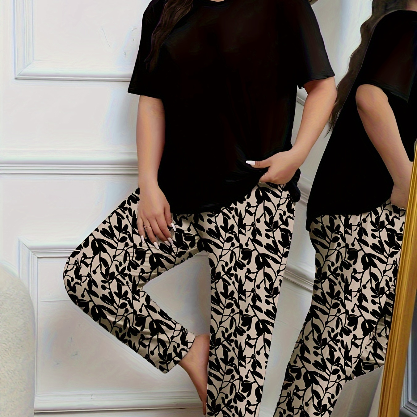 

Ensemble Pyjama Grande Taille pour Femme avec Dessin Mignon - Mélange Confortable de Polyester et Élasthanne, Haut à Col Rond avec Manches Courtes & Pantalon Long