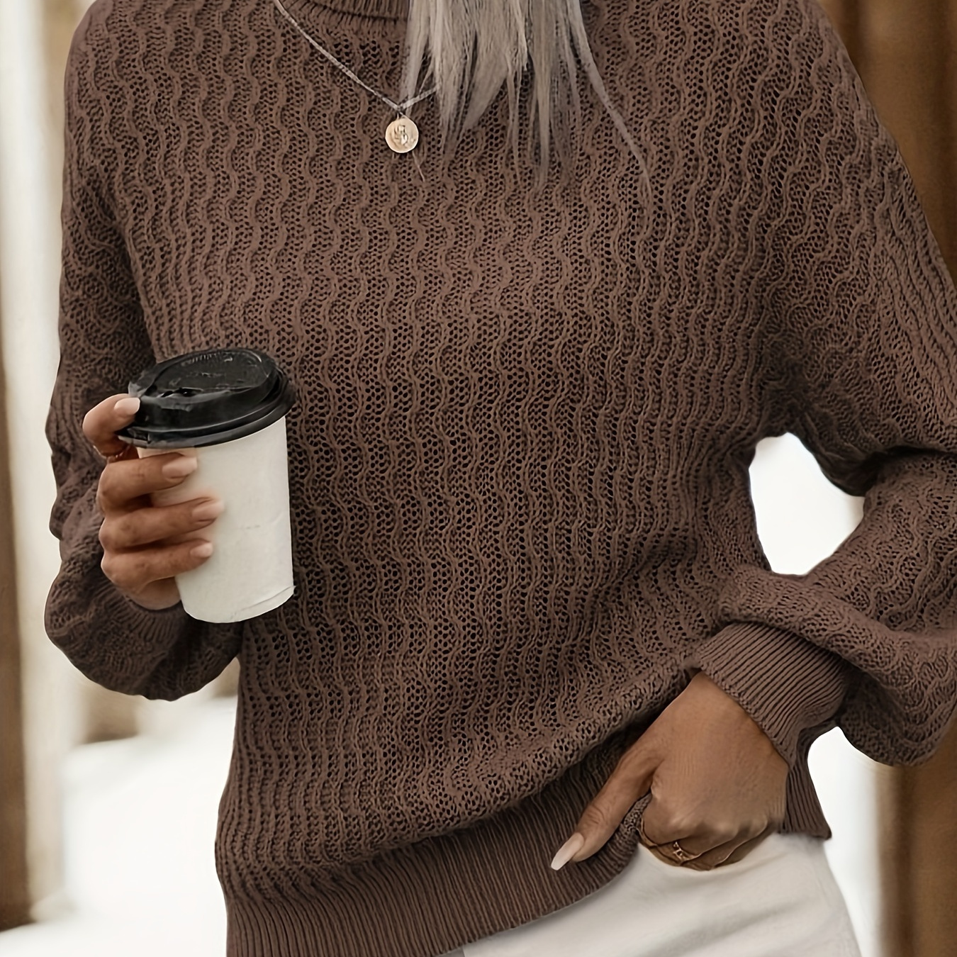 

Solid Color Turtle Neck Sweater, Casual Long Sleeve Textured Sweater For Fall & Winter, Women's Clothing