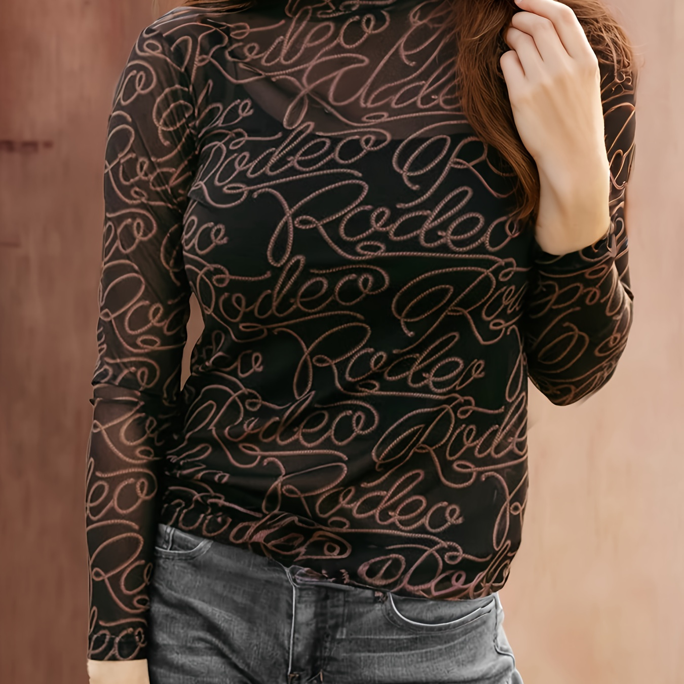 

1pc Women's Casual Polyester Crew Neck Long Sleeve Top With Print, Knit Fabric Pullover With Elastane, Slim Shirt For Spring/fall