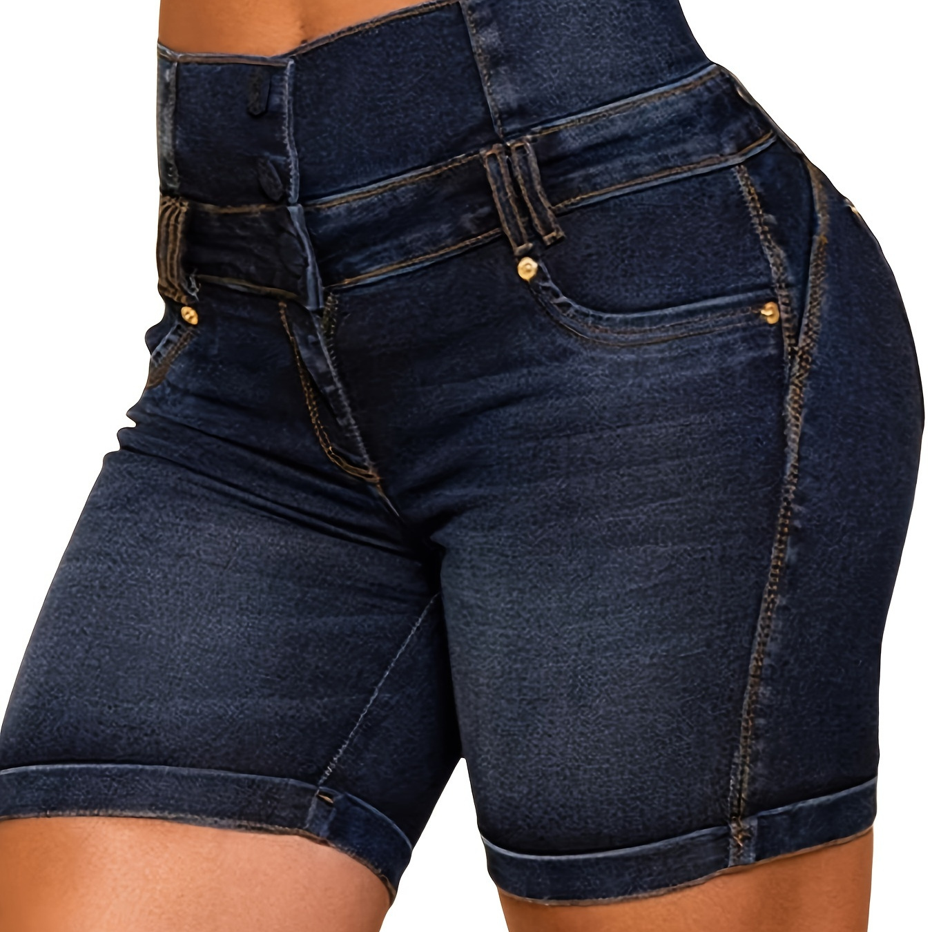 

Women's High-waisted Single-breasted Denim Shorts, Stretchy Solid-color Sports Style, Comfortable Fit, Casual Spring/summer Fashion, Bodycon Jean Shorts