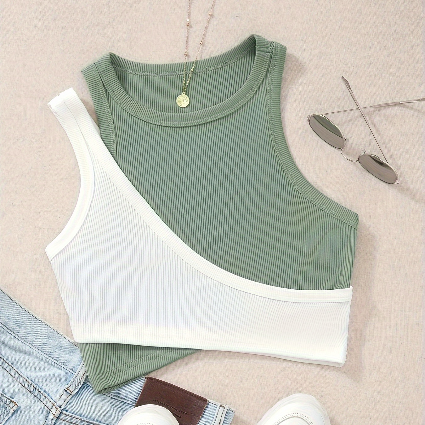 

Color Block Layered Tank Top, Stylish Sleeveless Crop Tank Top For Summer, Women's Clothing