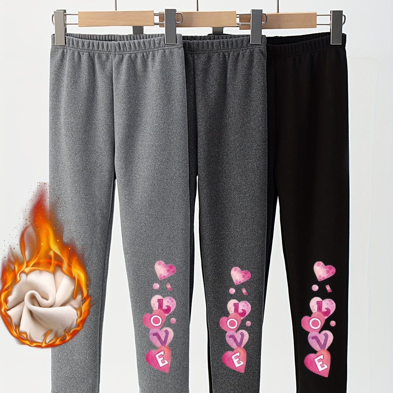 

3 Pcs Girls Hearts Pattern Fleece Leggings, Causal Breathable Warm Leggings For Spring And Autumn Outdoor Activities