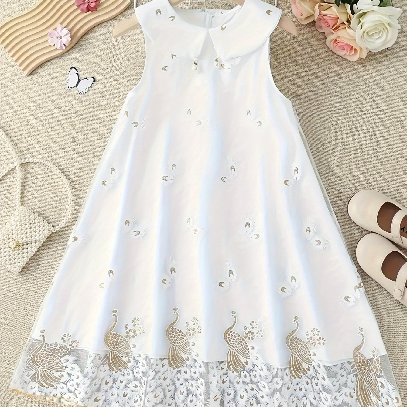 

Girls' Casual & Stylish Doll Collar Crane Pattern Lace Mesh Dress For Spring & Summer, Girls' Clothing