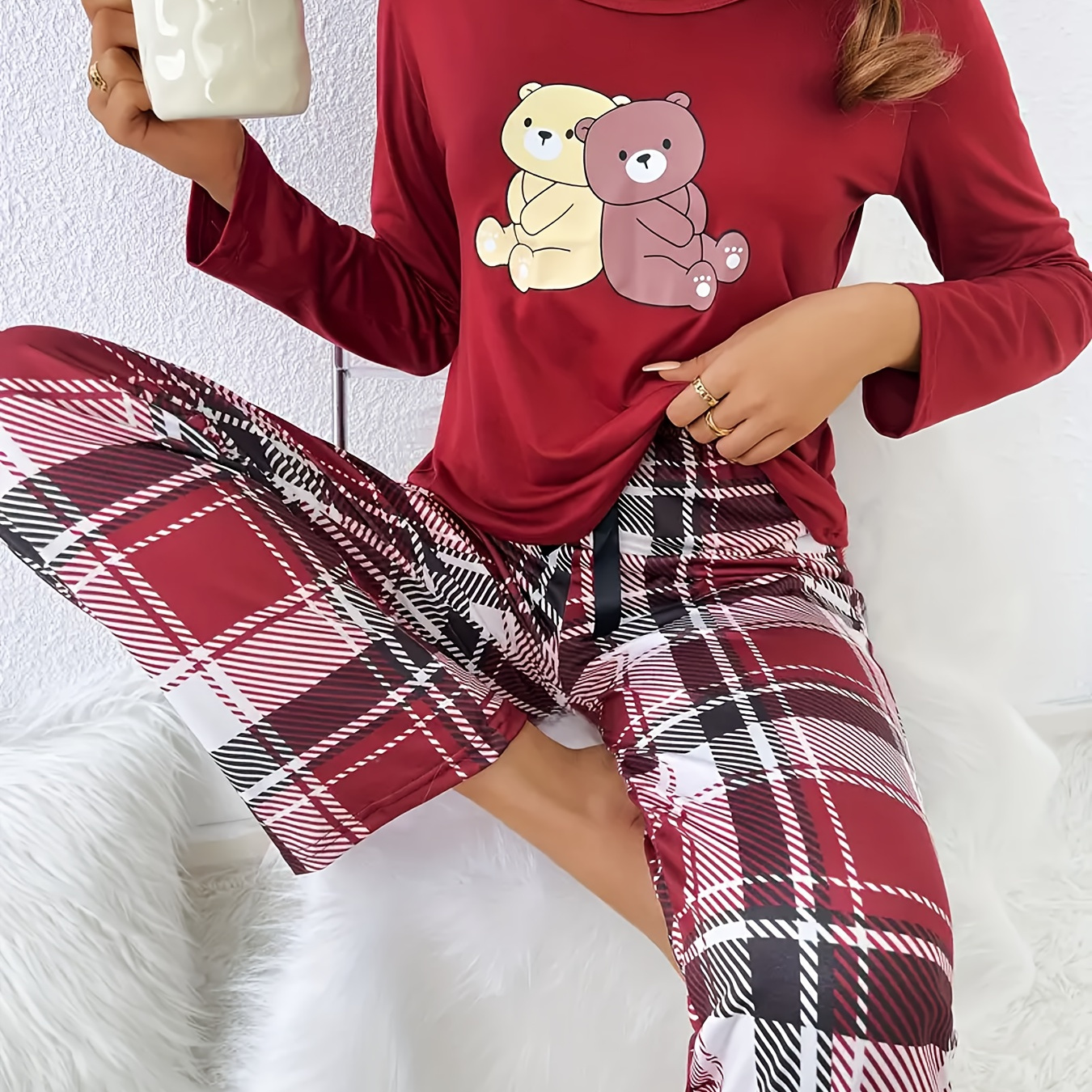 

Women's Casual Pajama Set With Cartoon And Plaid Long Sleeve Pants - Polyester Knit Fabric, Flame Retardant, Adult One-piece Sleepwear With Round Neck, Long Pants