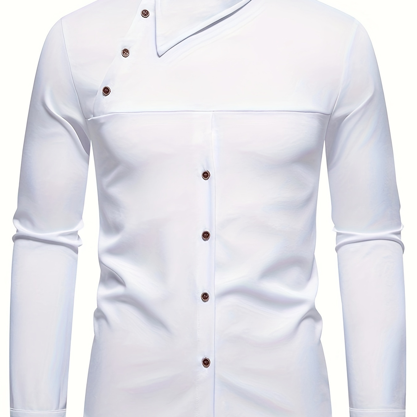 

Men's Casual Polyester Button-down Shirt With Asymmetrical Henley Collar, Slight Stretch, Solid Color, Regular Fit - All-season Premium Dress Shirt