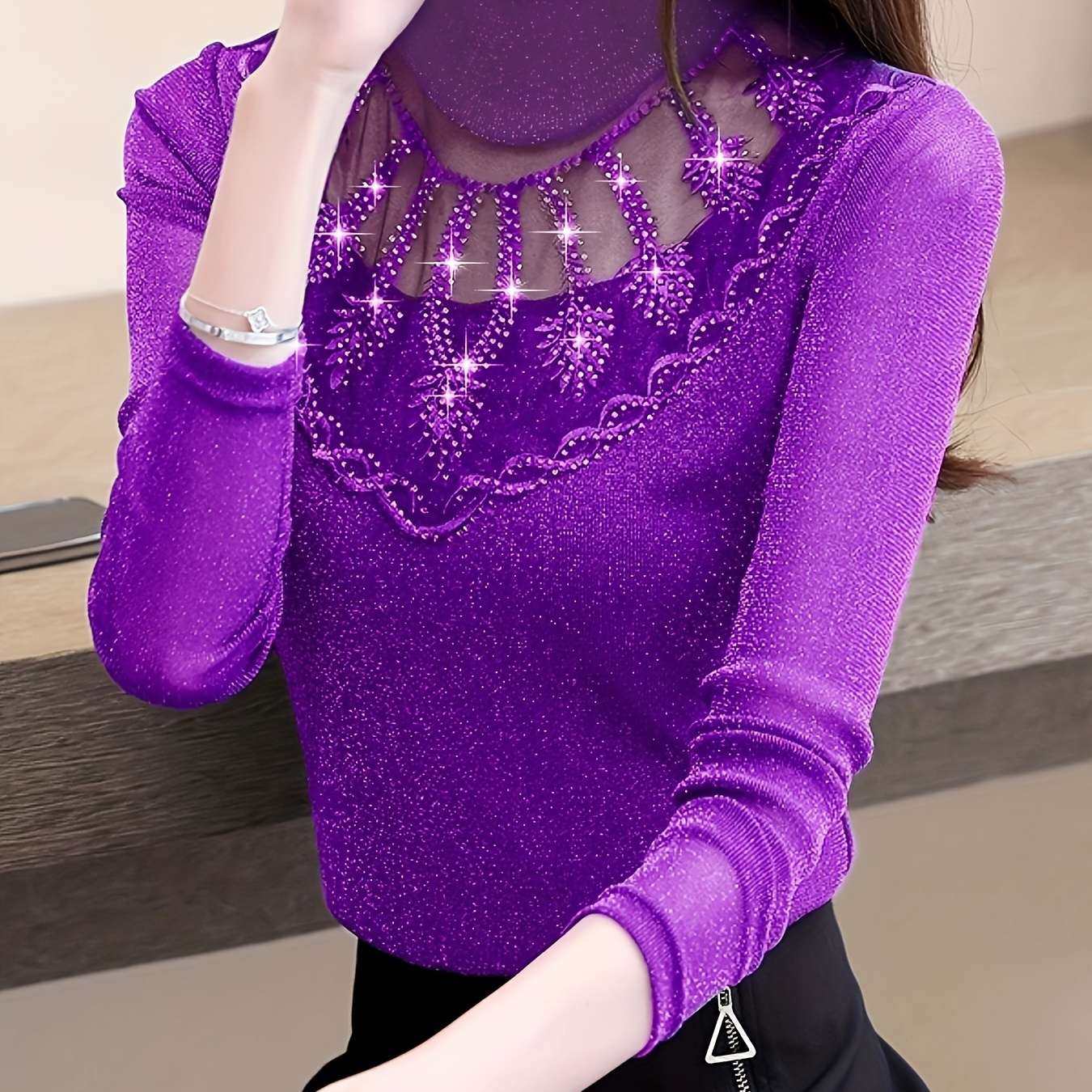 

Rhinestone Decor Mock Neck Top, Chic Long Sleeve Mesh Splicing Slim Top For Spring & Fall, Women's Clothing