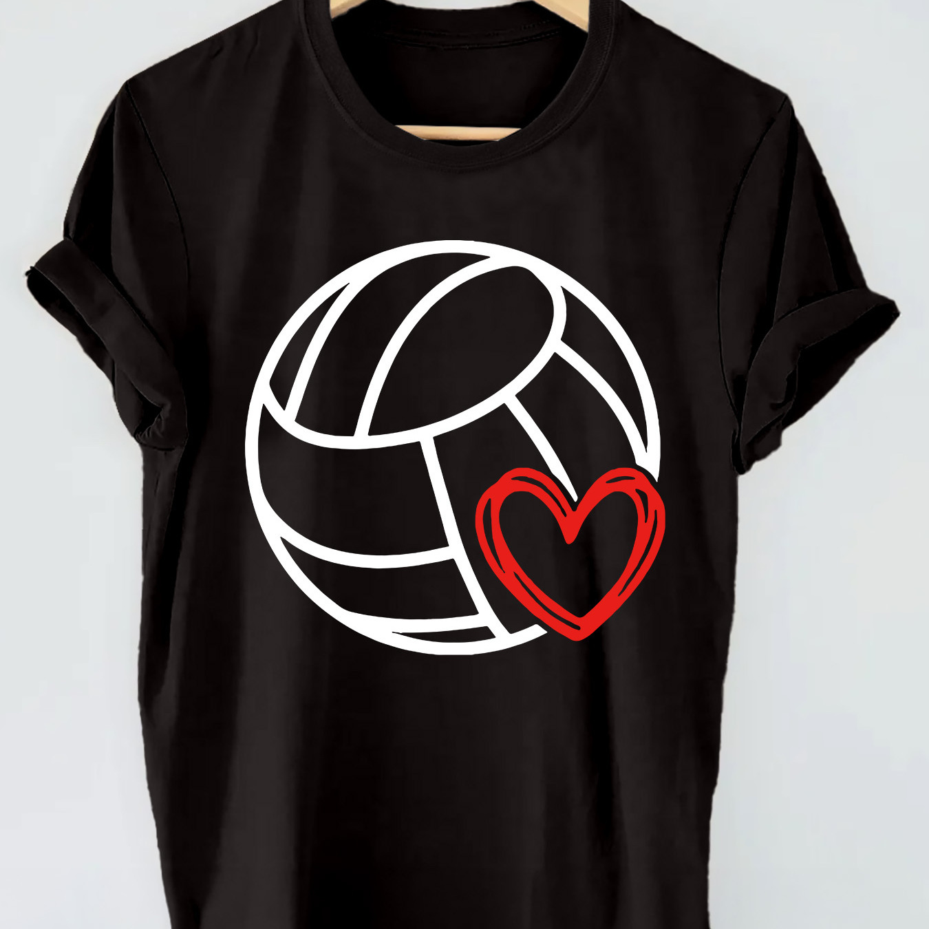 

Heart & Volleyball Print T-shirt, Short Sleeve Crew Neck Casual Top For Summer & Spring, Women's Clothing