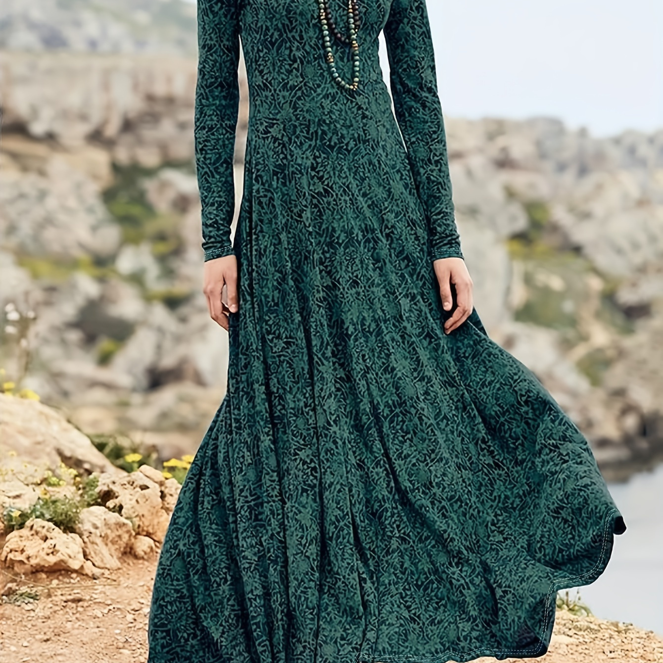 

Robe Maxi Élégante à Imprimé Paisley d'Inspiration Vintage pour Femme - Col Rond, Manches Longues, Parfaite pour &