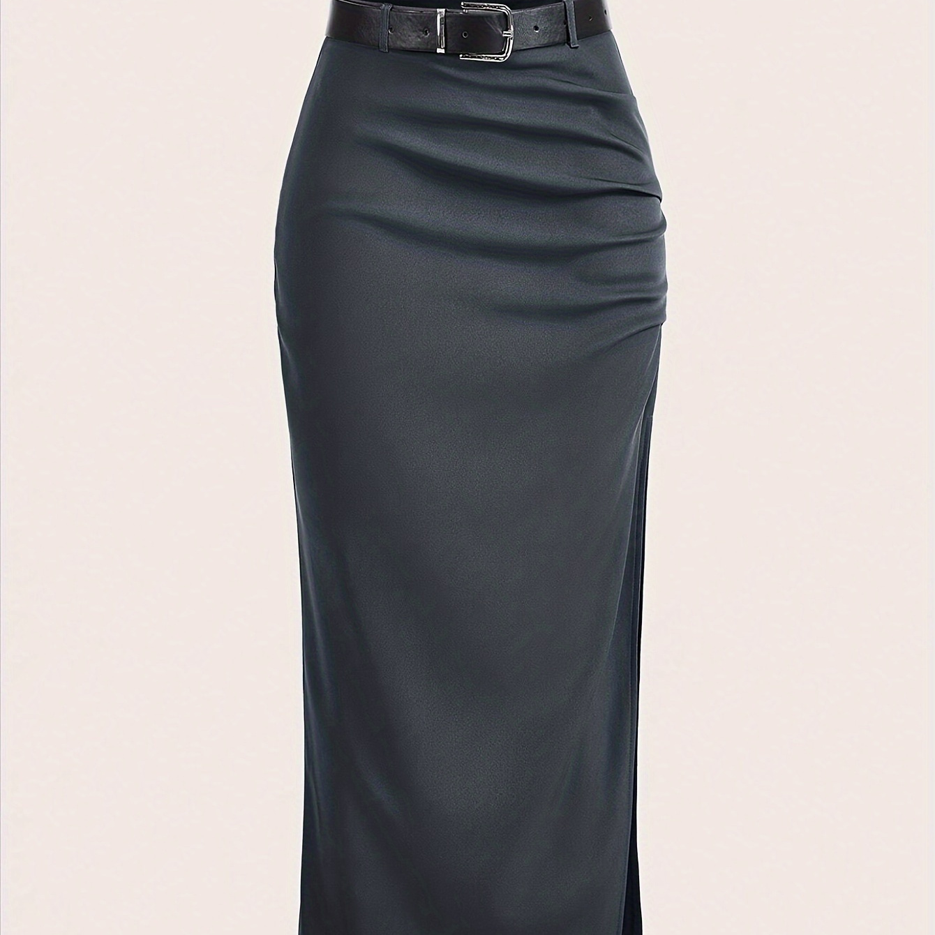 

Elegant Solid Color Belted Midi Skirt With Side Slit - Polyester, Machine Washable - All