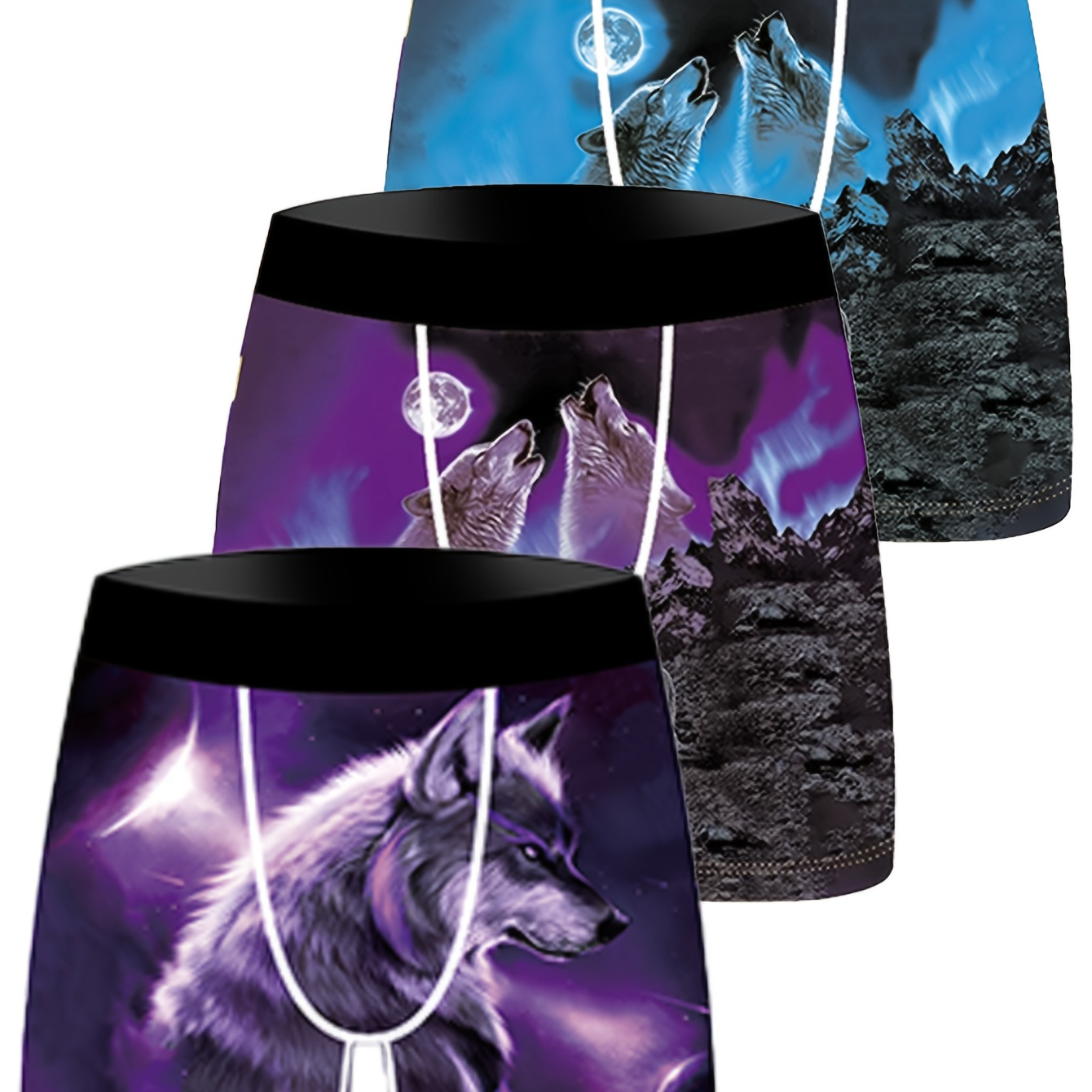 

3pcs Men' Wolf Cartoon Boxer Briefs - Stretchy, Breathable Polyester Knit Underwear With Waistband, Vibrant Designs For