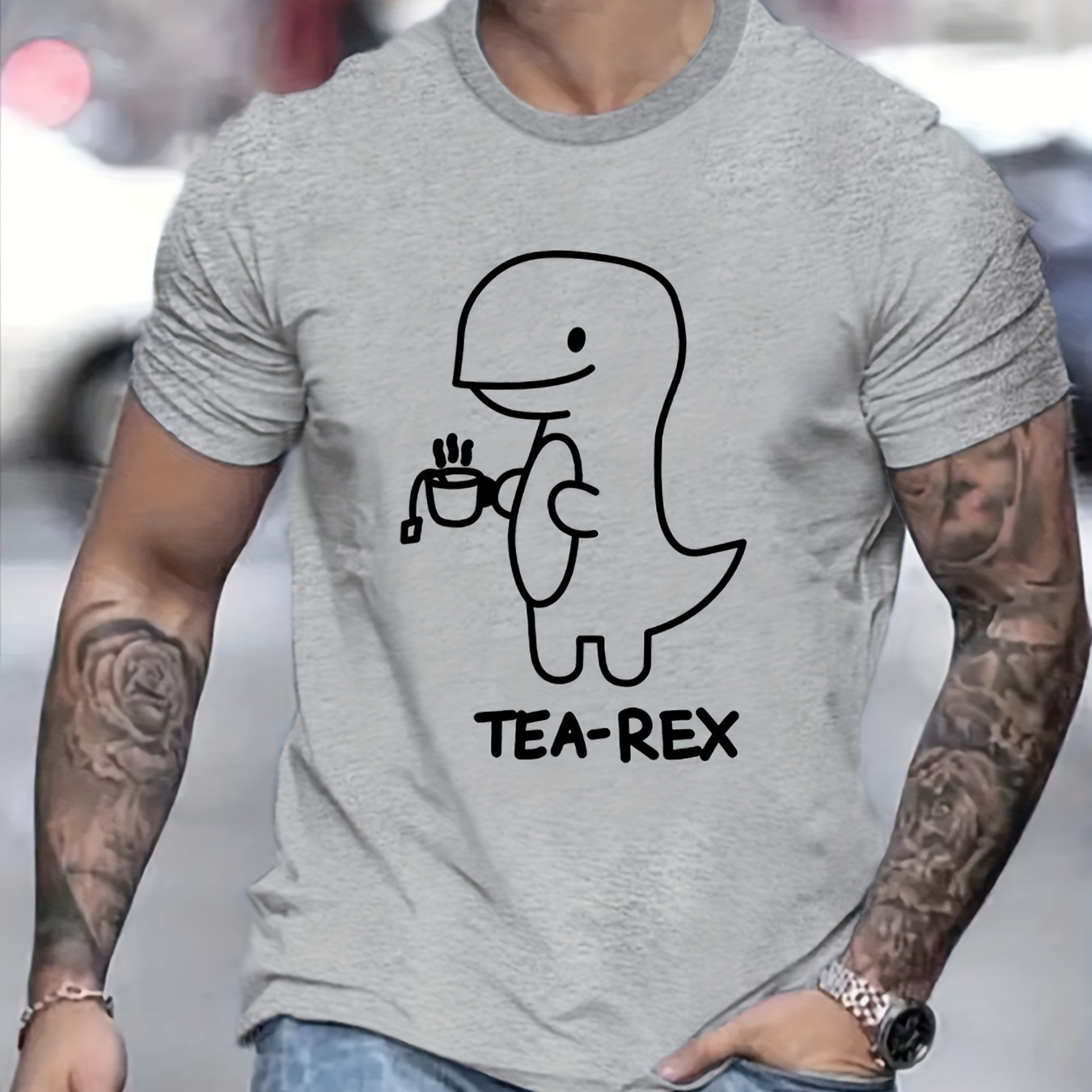 

Tea-rex Graphic Print, Men's Novel Graphic Design T-shirt, Casual Comfy Tees For Summer, Men's Clothing Tops For Daily Activities