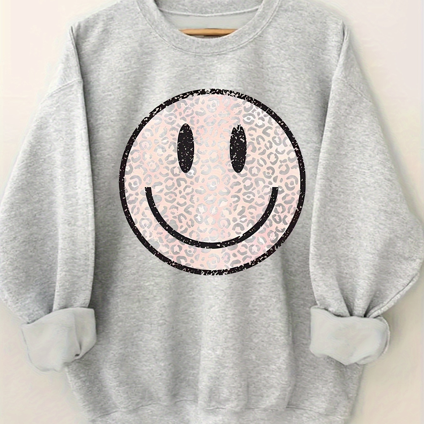 

Smiling Face Print Long Sleeve Sweatshirt, Crew Neck Casual Sweatshirt For Fall & Winter, Women's Clothing