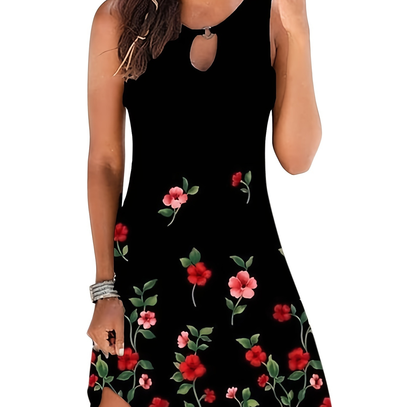 

Floral Print Sleeveless Crew Neck Dress, Party Bodycon Loose Stylish Dress, Women's Clothing