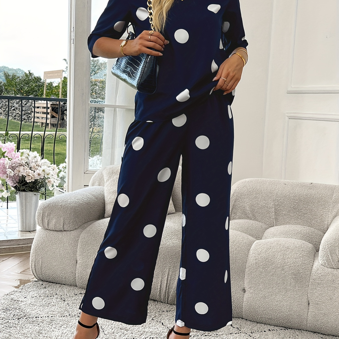 

Polka Dot Elegant 2 Piece Set, Crew Neck Half Sleeve Top & Elastic Waist Wide Leg Pants Outfits For Spring & Summer, Women's Clothing