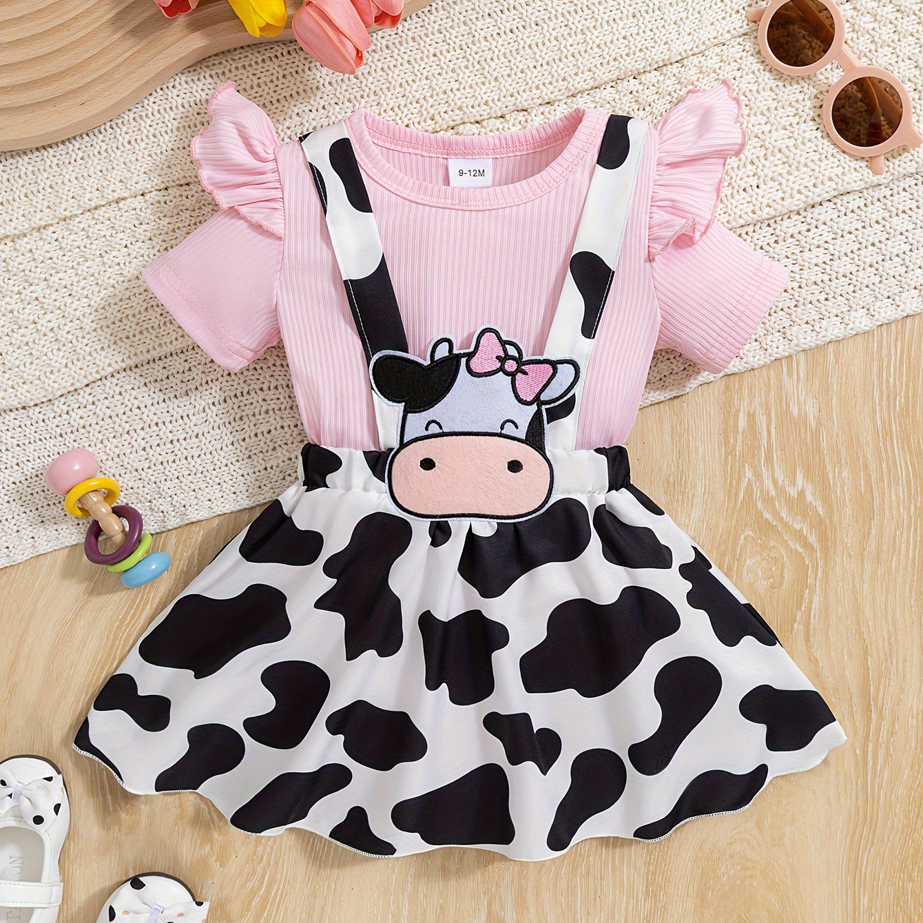 

Baby's Cute Cow Patchwork 2pcs Lovely Summer Outfit, Ribbed Bodysuit & Overall Skirt Set, Toddler & Infant Girl's Clothes For Daily/holiday, As Gift