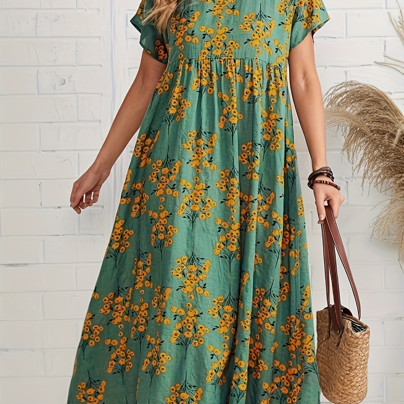 

Floral Print Smocked Loose Dress, Vintage Crew Neck Short Sleeve Dress For Spring & Summer, Women's Clothing