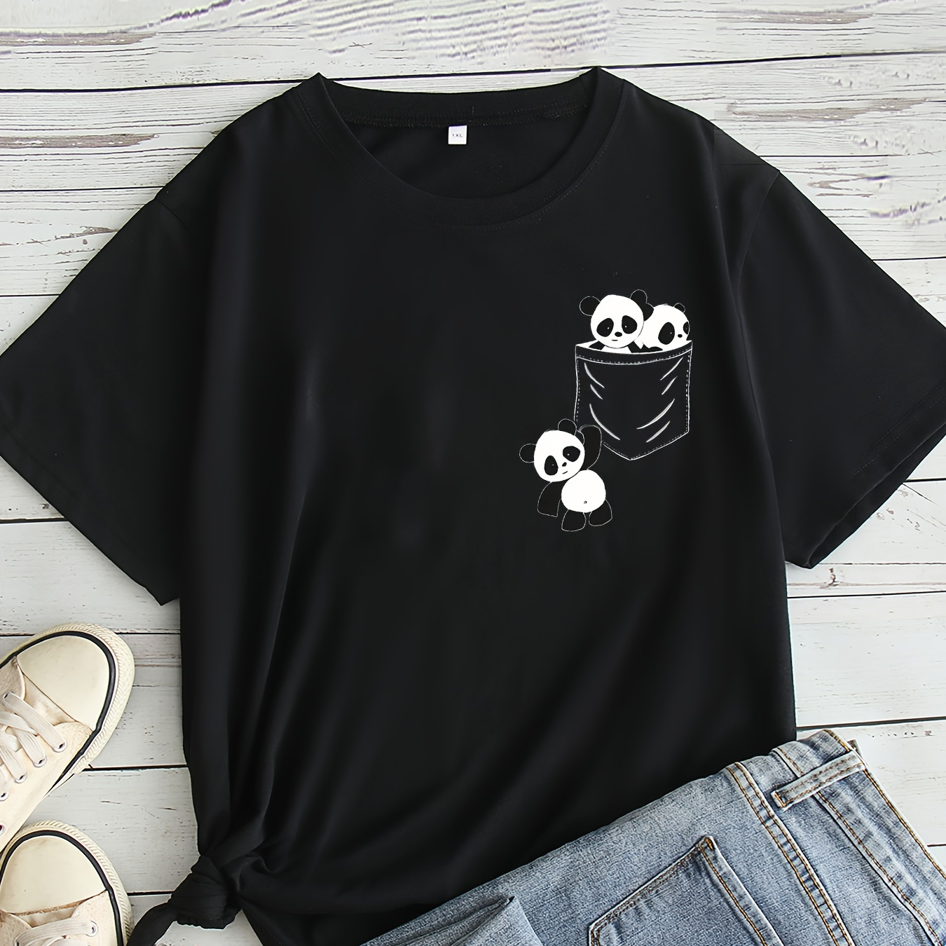 

Plus Size Cute Panda Print T-shirt, Casual Crew Neck Short Sleeve Top For Spring & Summer, Women's Plus Size Clothing