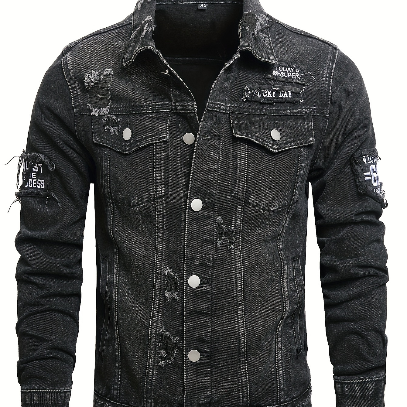 

Men's Distressed Jacket With Embroidery - Street Style, Long Sleeve, Flap Pockets, Machine Washable