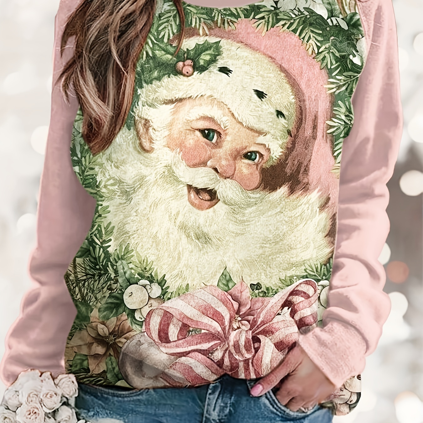 

Plus Size Christmas Casual Top, Women's Plus Santa Claus Print Long Sleeve Round Neck Top