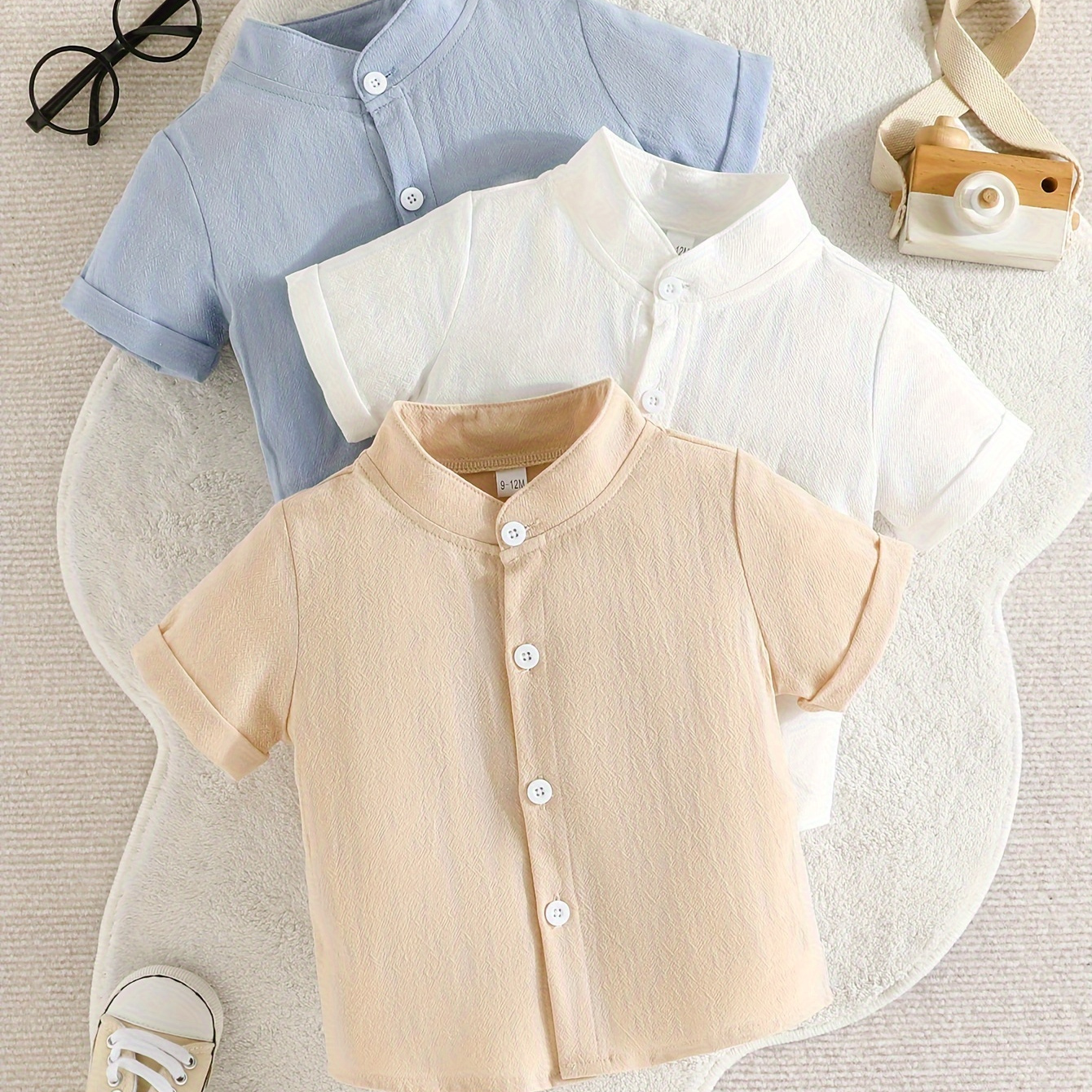 

3pcs Infant & Toddler's Solid Color Shirt, Mock Neck Casual Button Front Short Sleeve Top, Baby Boy's Clothing
