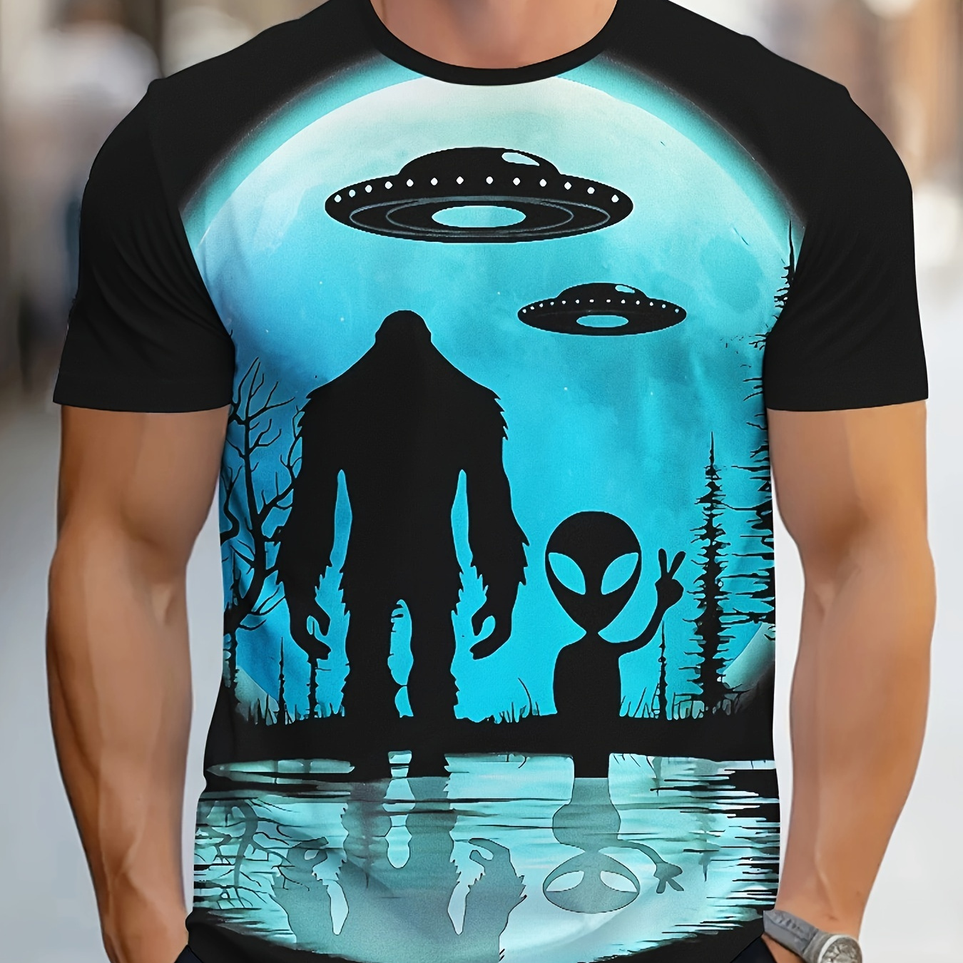 

Men's Alien Graphic Print T-shirt, Short Sleeve Crew Neck Tee, Men's Clothing For Summer Outdoor
