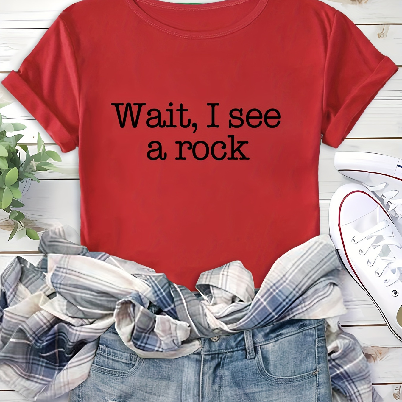 

Wait, A Rock" Humorous Summer Tee - Men's Casual Loose-fit Polyester T-shirt With Belt Detail, Machine Washable, Round Neck, Non-transparent, Ideal For Summer, Tshirt| Belt Style|polyester Fabric