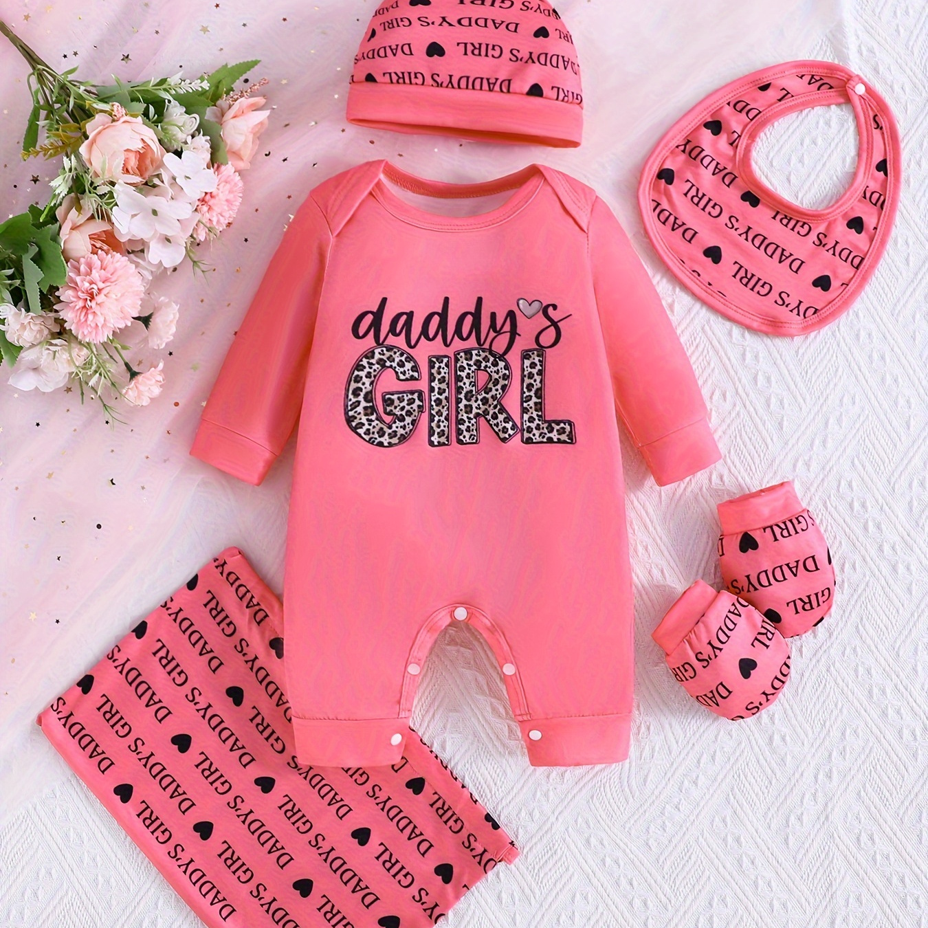 

Baby's "daddy's Girl" Leopard Letter Print Long Sleeve Romper + Hat + Bib + Baby Mittens, Toddler & Infant Girl's Bodysuit For Fall Spring