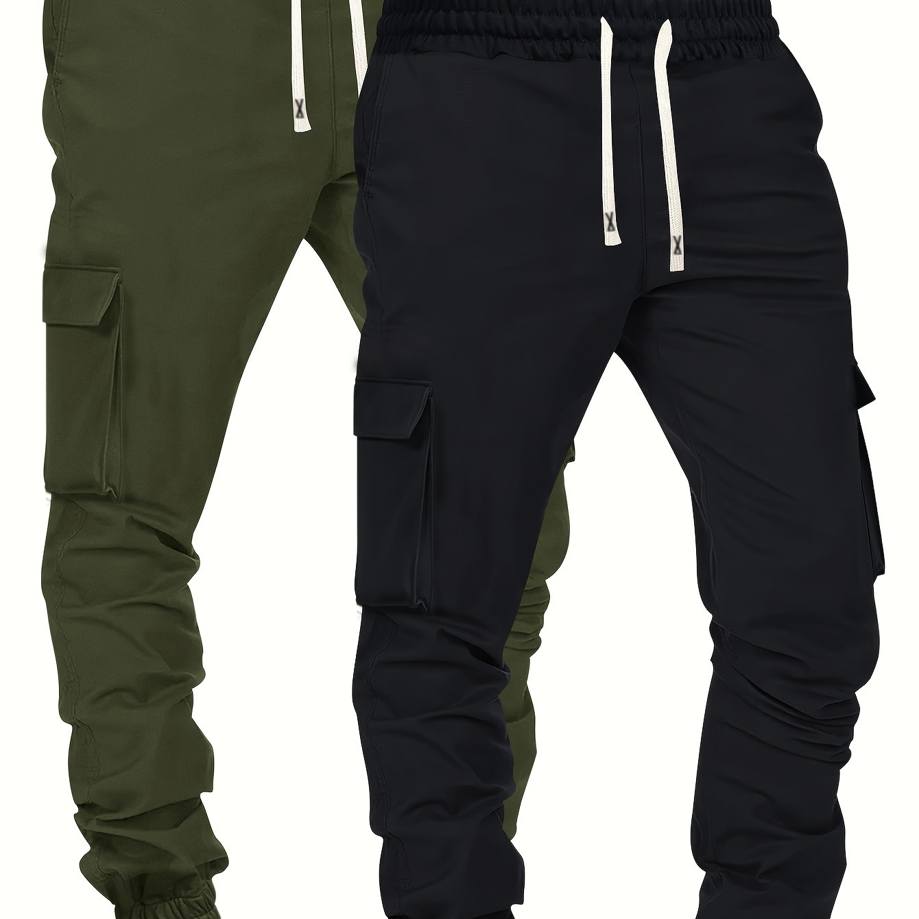 

2pcs Men's Trendy Solid Footed Cargo Pants With Side Pocket, Comfy Casual Regular Fit Trousers For Men's Outdoor Activities