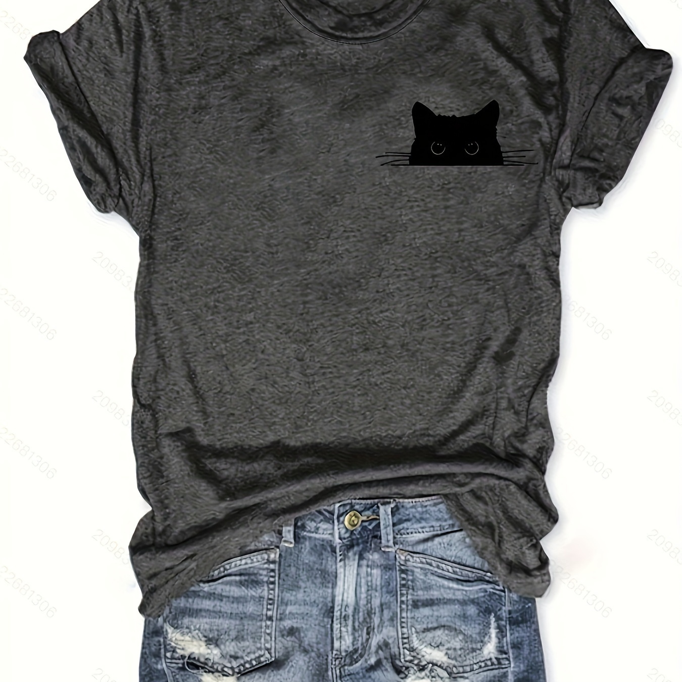 

Cat Print Crew Neck T-shirt, Casual Short Sleeve Top For Spring & Summer, Women's Clothing